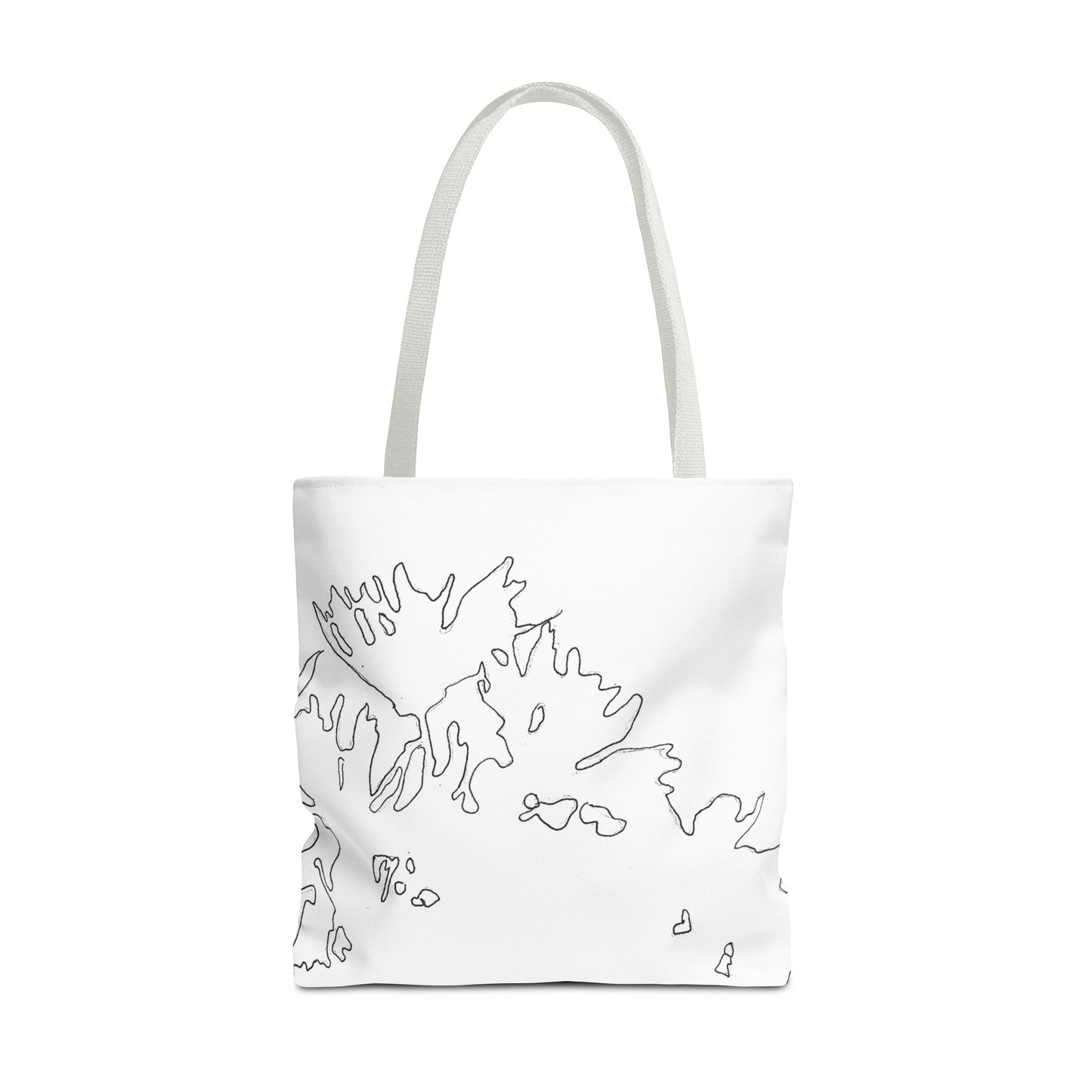 This is the White 18" x 18" Flowers Tote Bag by Storm Garden Studio. The tote has color matched straps, abstract line work which is outlines of flowers, all over print. The colors are white and black. The tote is against a white background.