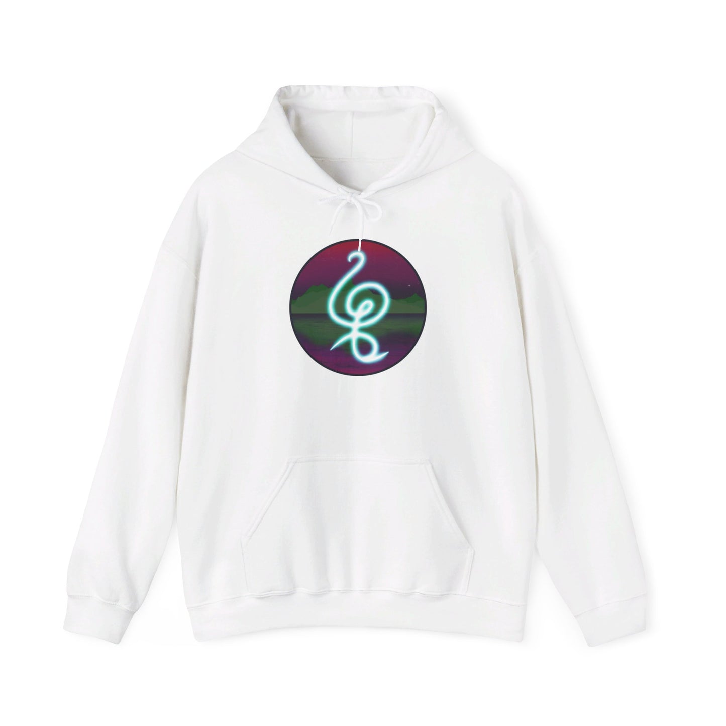 This is the White Hakuna Matata Unisex Heavy Blend Hooded Sweatshirt by Lee Hansheng Studios. This is the image of it from the front.This comes in sizes S- 5XL. The drawstring is color matched and tied. This illustration is an oval image on with the "There are no worries" in Swahili and bright light blue.Behind the symbol is a landscape with dark green mountains, reflected in the water,clear pink/purple sky with a couple of stars.The illustration is on the upper back and the studio logo is below it.