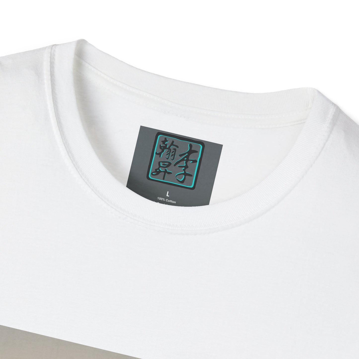 This is the White Landing T-Shirt by Lee Hansheng Studios. This is a close up of the front. On the inside of the shirt is the logo for the studio printed in black outlined in blue, gray size label with the print being white. The shirt is against a white background.