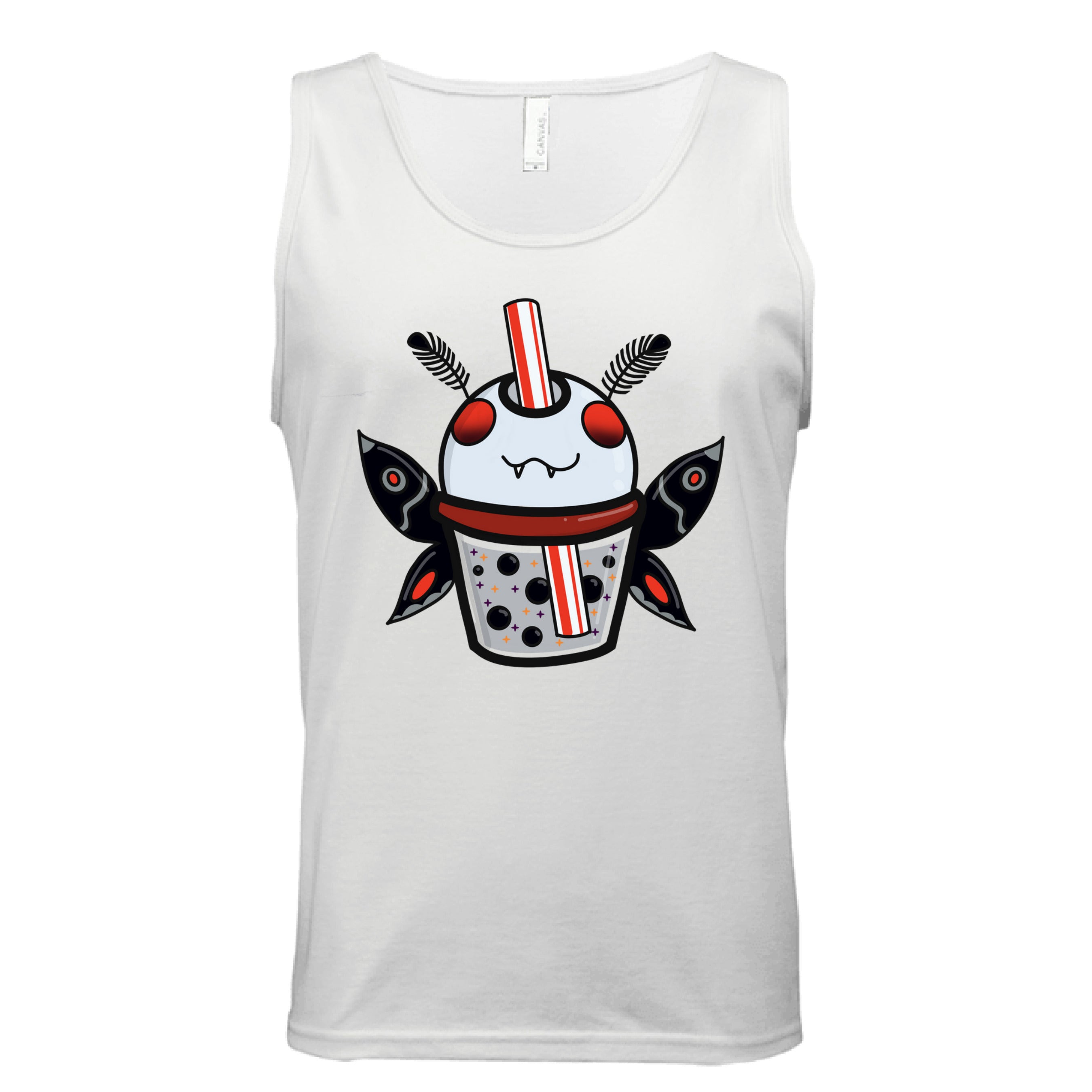 Dazzle & Dagger Design Mothman Boba tank top, relaxed fit, organic cotton fabric, black with bold boba and mothman graphic