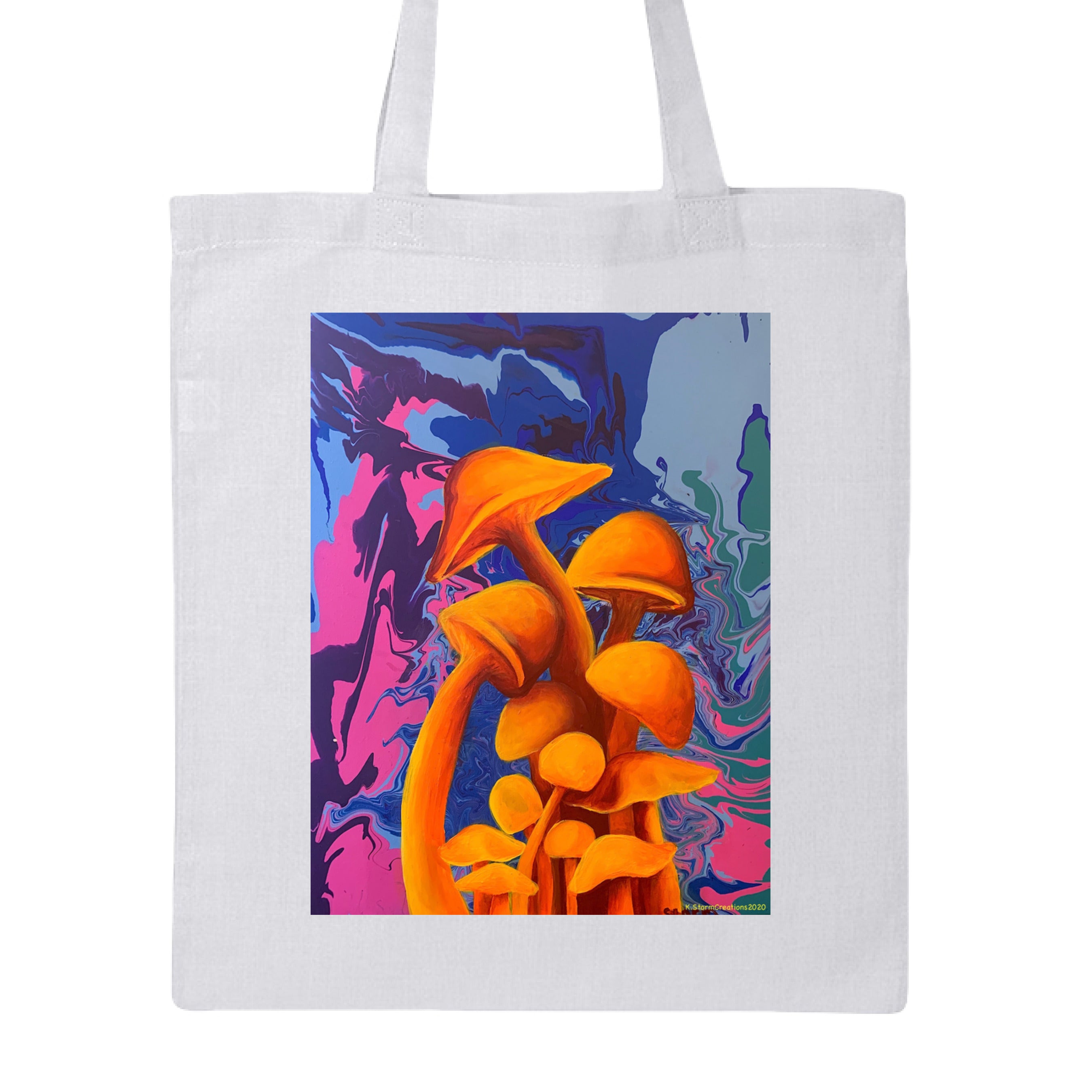 The Art Collective International mushroom canvas tote bag with fungi-inspired print, organic cotton material, and beige