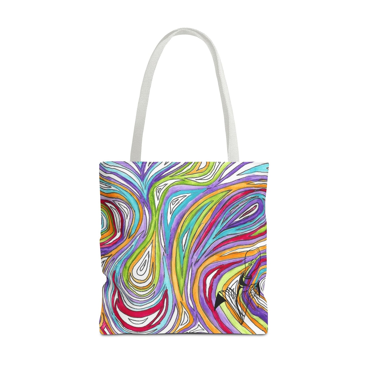 This is the White 18" x 18" Oil Spill Tote Bag by Storm Garden Studio. The tote has color matched straps, abstract colors and line work, all over print. The colors are lime green, orange, light blue, dark red, purple, white and black. Storm Garden Studio logo printed in black on bottom right of tote bag. The tote is against a white background.