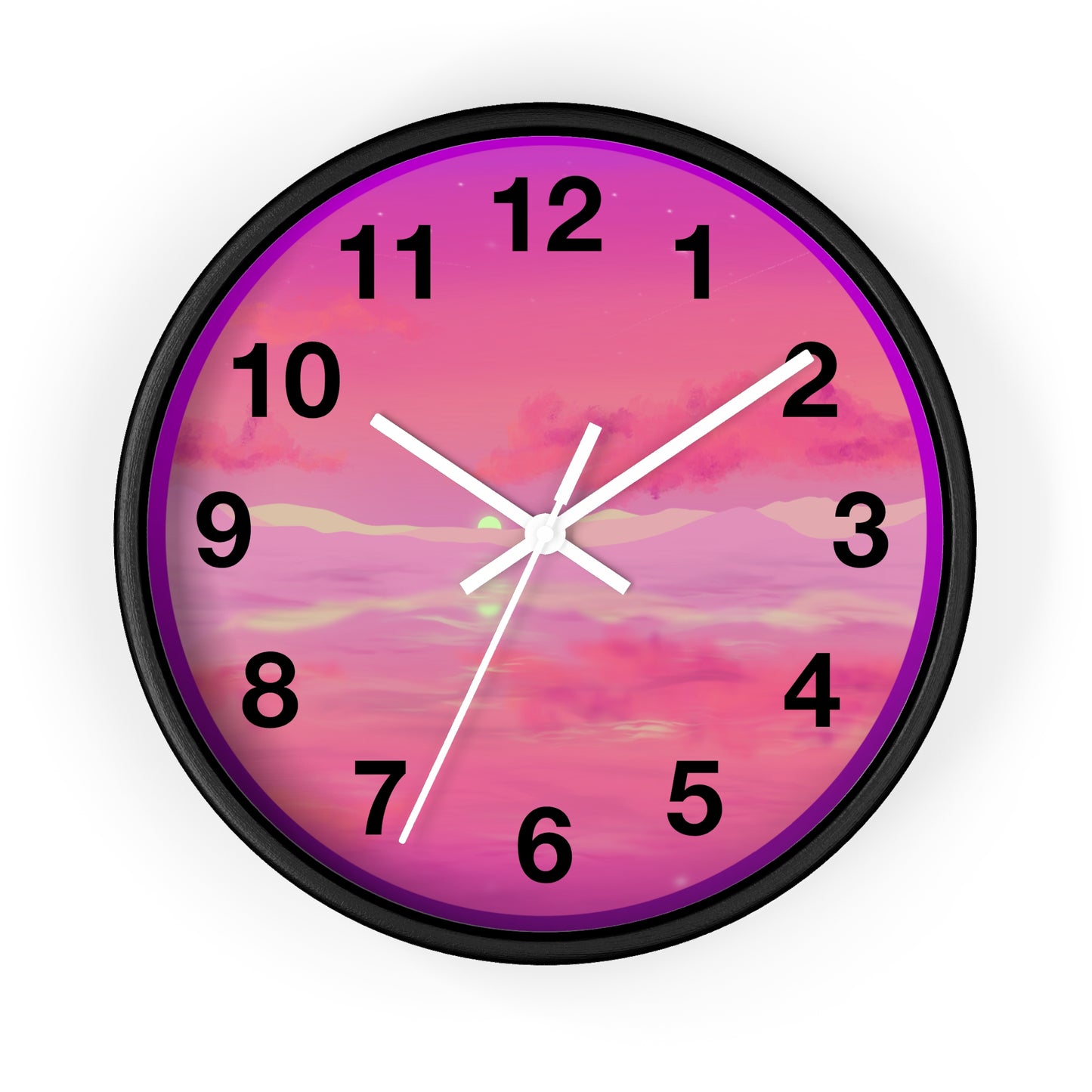 This is the 10" Wooden Base Pink Dreamscape Wall Clock with black hands by Lee Hansheng Studios.The image is from the front with two white clock hands, black numerals and the illustration behind it.The illustration has the sky and clouds. Different pinks and hues blended into the clouds and spreads outwards.There are dark purples on the side and yellows near the middle of the art piece.