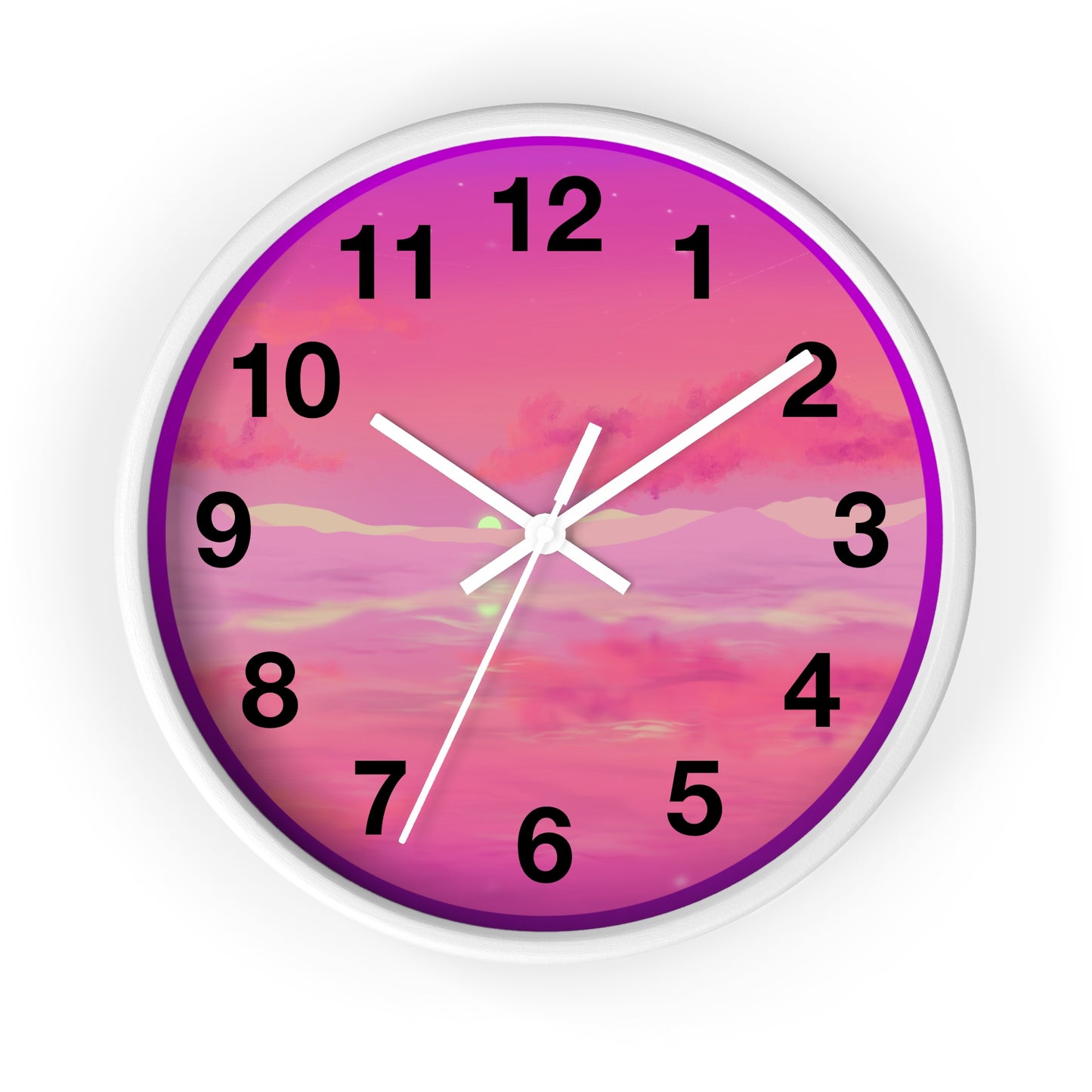 This is the 10" White Base Pink Dreamscape Wall Clock with white hands by Lee Hansheng Studios.The image is from the front with two white clock hands, black numerals and the illustration behind it.The illustration has the sky and clouds. Different pinks and hues blended into the clouds and spreads outwards.There are dark purples on the side and yellows near the middle of the art piece.