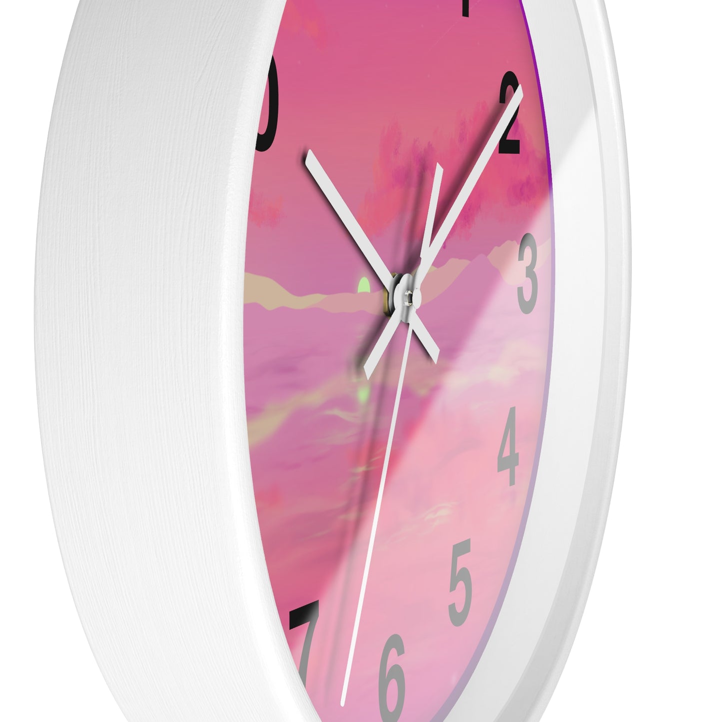 This is the 10" White Base Pink Dreamscape Wall Clock with white hands by Lee Hansheng Studios.The image is from the side which shows the rim of the clock. There are two white clock hands, black numerals and the illustration behind it.The illustration has the sky and clouds. Different pinks and hues blended into the clouds and spreads outwards.There are dark purples on the side and yellows near the middle of the art piece. It is against a white background.