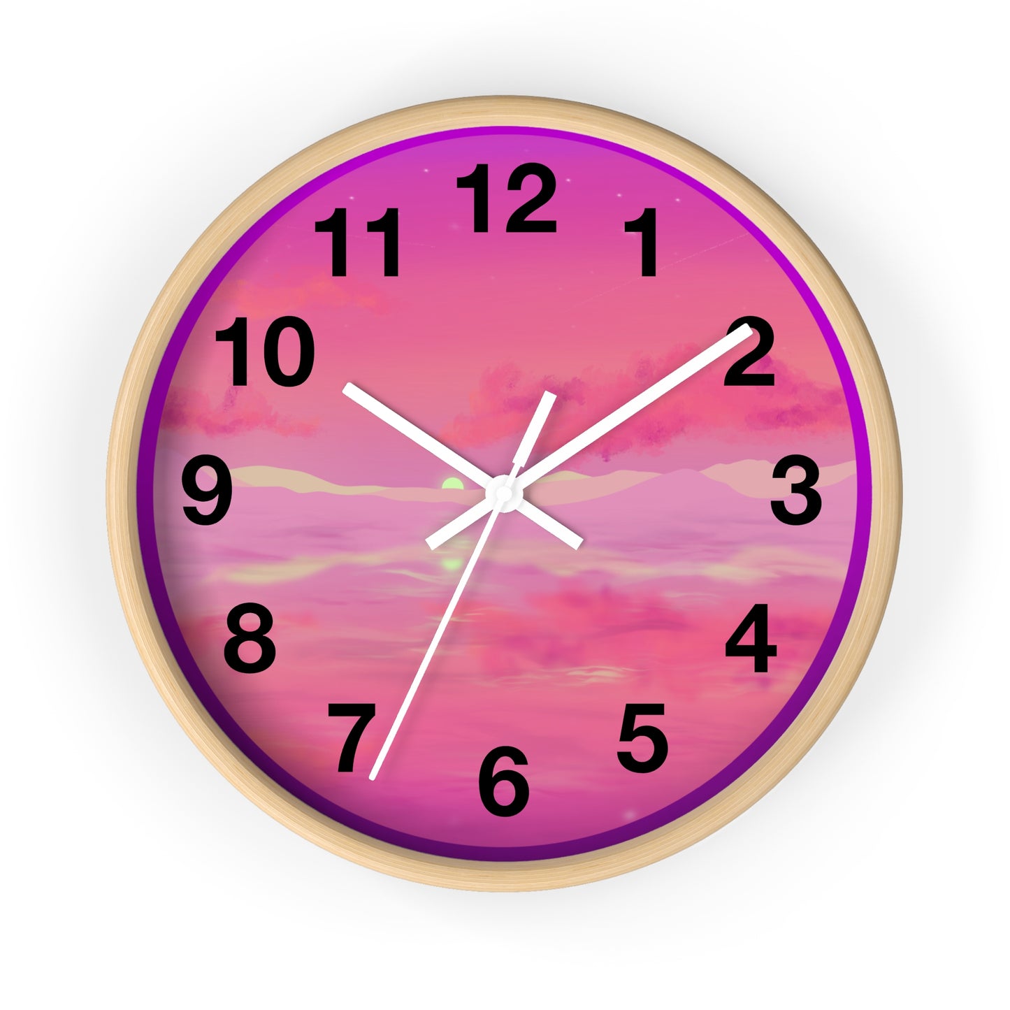 This is the 10" Wooden Base Pink Dreamscape Wall Clock with white hands by Lee Hansheng Studios.The image is from the front with two black clock hands, black numerals and the illustration behind it.The illustration has the sky and clouds. Different pinks and hues blended into the clouds and spreads outwards.There are dark purples on the side and yellows near the middle of the art piece.