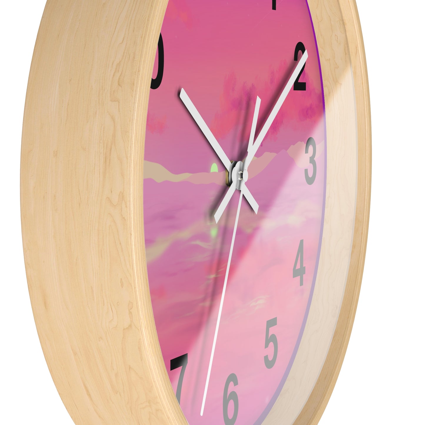 This is the 10" Wooden Base Pink Dreamscape Wall Clock with white hands by Lee Hansheng Studios.The image is from the side which shows the rim of the clock. There are two white clock hands, black numerals and the illustration behind it.The illustration has the sky and clouds. Different pinks and hues blended into the clouds and spreads outwards.There are dark purples on the side and yellows near the middle of the art piece. It is against a white background.