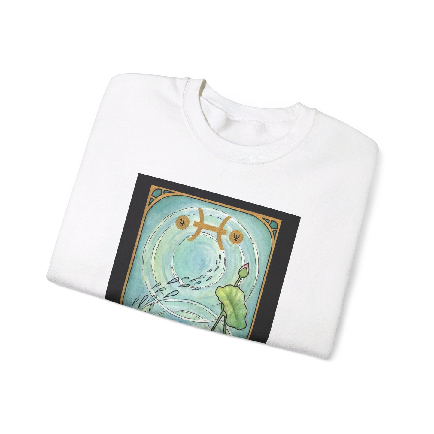 This is the White Pisces Sweatshirt by Chris Foster Design that comes in sizes S-3XL and illustration starts from the upper chest till below the belly button. This is an image of the front of the sweatshirt folded. What can be seen is the beginning of tarot card with a gold intricate border and pisces symbol. In the background a pond that has one circular ripple, the right side has the lily flowers growing upwards with one green leaves, one pink bud and a green trail of seeds.