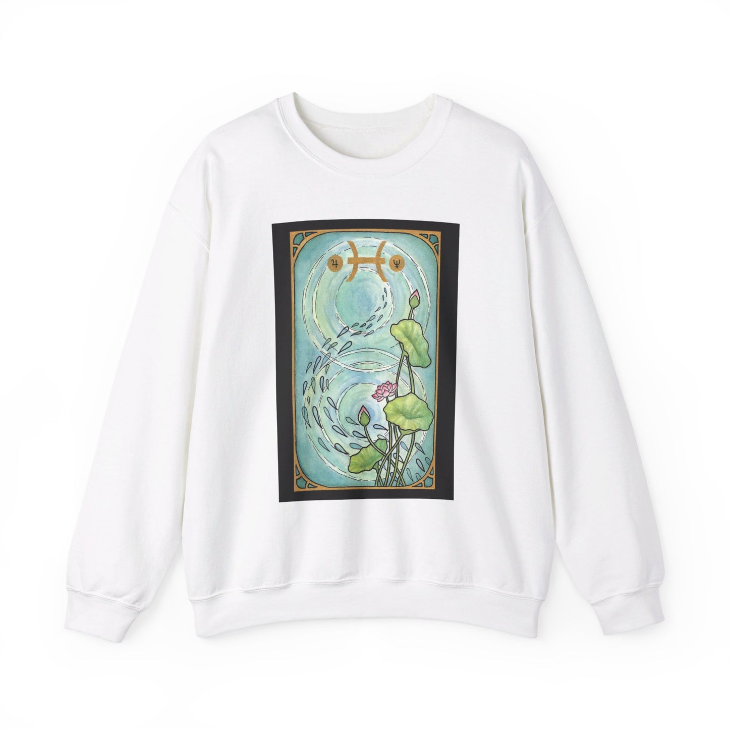 This is the White Pisces Sweatshirt by Chris Foster Design that comes in sizes S-3XL and illustration starts from the upper chest till below the belly button. This is an image of the front of the sweatshirt. Designed like a tarot card with a gold intricate border and pisces symbol. In the background a pond that has two circular ripples, the right side has the lily flowers growing upwards with two green leaves, one blooming pink flower, two buds, and a green trail of seeds.