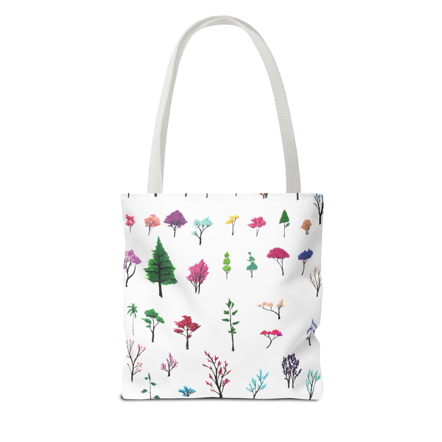 The White 13" x 13" Study of Trees Tote with color matched handles by Lee Hansheng Studios. There are a variety of tree illustrations from blooming fruit trees to deciduous and evergreens. The trees are colored pinks, purples, greens, yellows, blues and oranges on a white background tote. The tote is also against a white background.