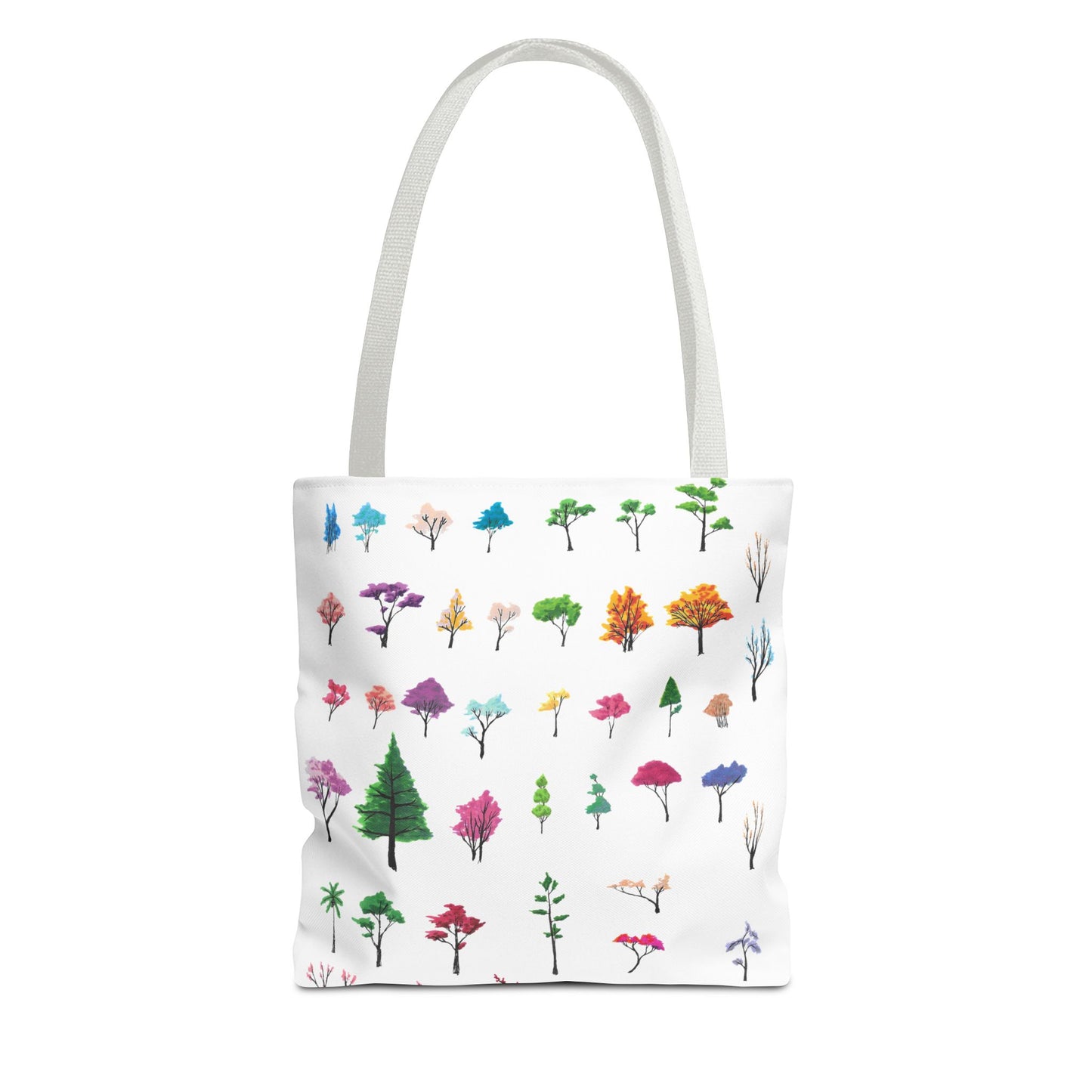 The White 13" x 13" Study of Trees Tote with color matched handles by Lee Hansheng Studios. There are a variety of tree illustrations from blooming fruit trees to deciduous and evergreens. The trees are colored pinks, purples, greens, yellows, blues and oranges on a white background tote. The tote is also against a white background.