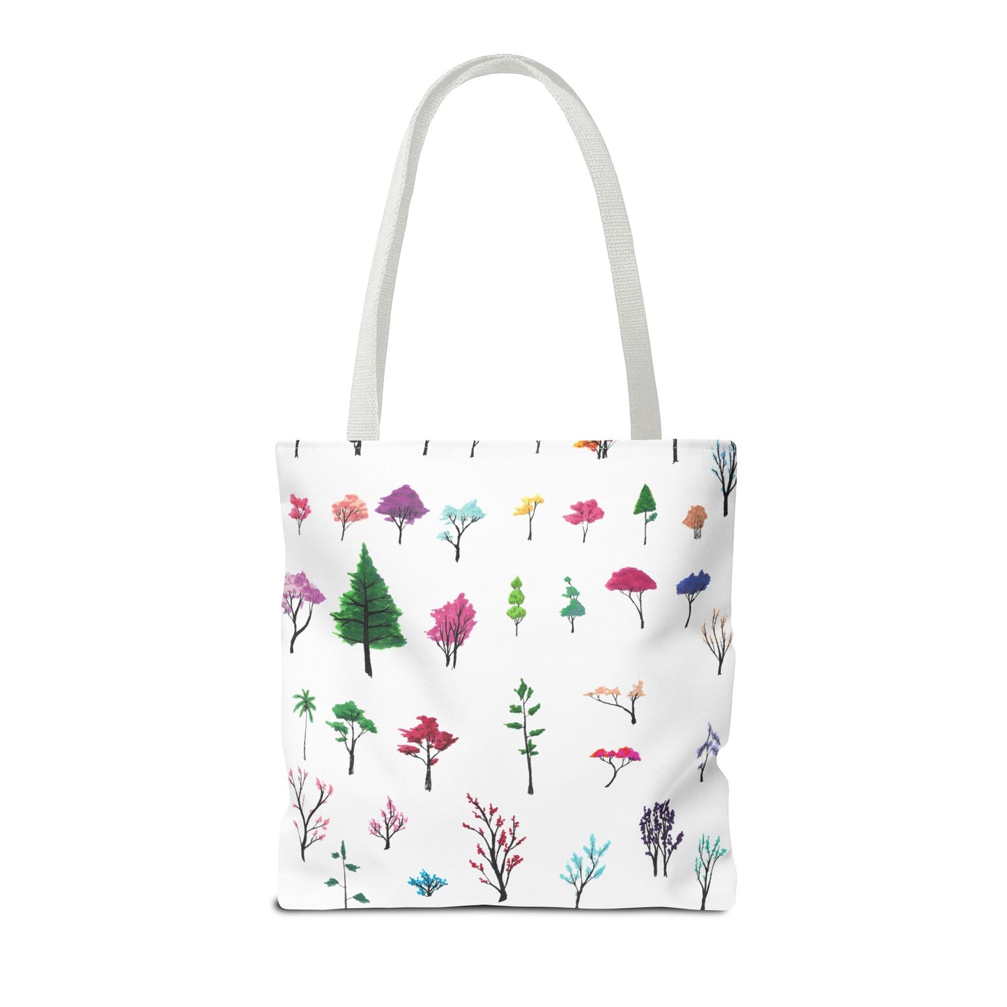The White 16" x 16" Study of Trees Tote with color matched handles by Lee Hansheng Studios. There are a variety of tree illustrations from blooming fruit trees to deciduous and evergreens. The trees are colored pinks, purples, greens, yellows, blues and oranges on a white background tote.