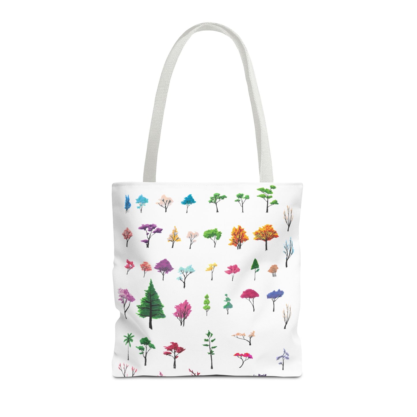The White 16" x 16" Study of Trees Tote with color matched handles by Lee Hansheng Studios. There are a variety of tree illustrations from blooming fruit trees to deciduous and evergreens. The trees are colored pinks, purples, greens, yellows, blues and oranges on a white background tote. The tote is also against a white background.