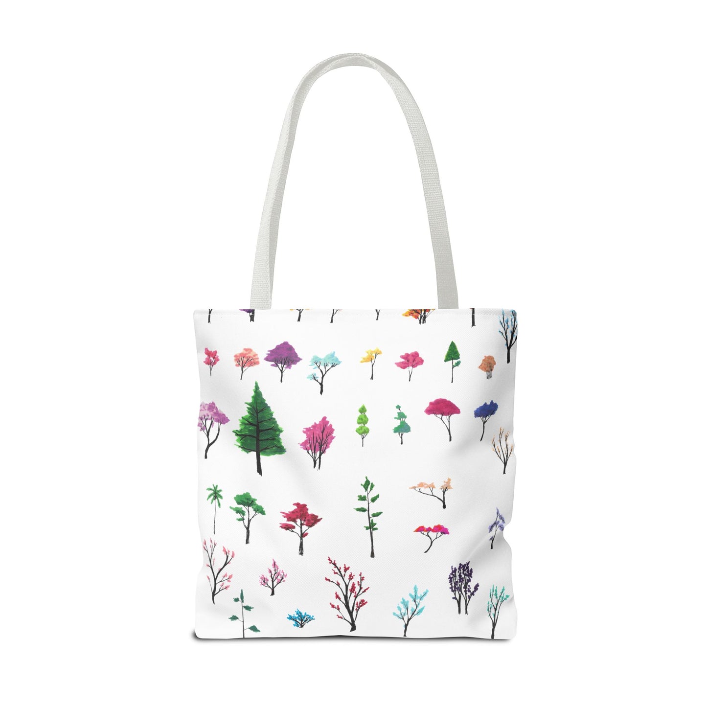 The White 18" x 18" Study of Trees Tote with color matched handles by Lee Hansheng Studios. There are a variety of tree illustrations from blooming fruit trees to deciduous and evergreens. The trees are colored pinks, purples, greens, yellows, blues and oranges on a white background tote.