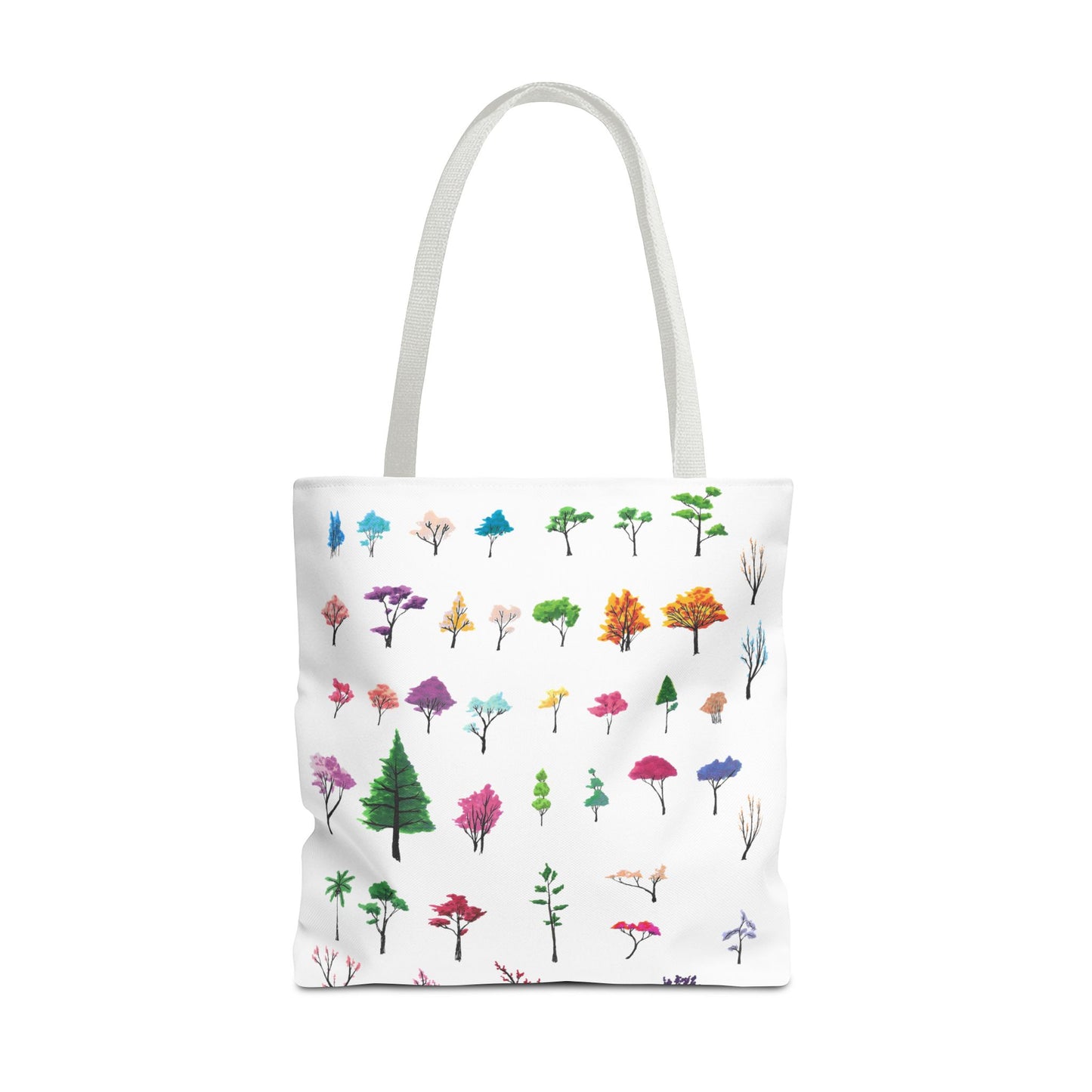 The White 18" x 18" Study of Trees Tote with color matched handles by Lee Hansheng Studios. There are a variety of tree illustrations from blooming fruit trees to deciduous and evergreens. The trees are colored pinks, purples, greens, yellows, blues and oranges on a white background tote. The tote is also against a white background.