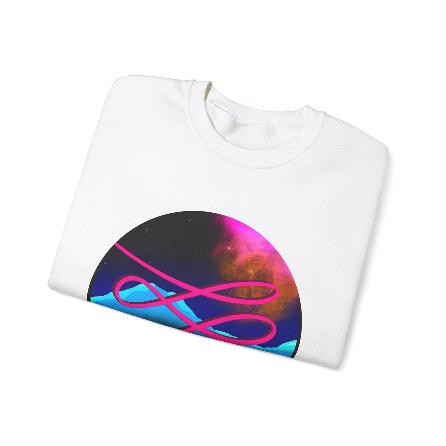 This is the White Swirl Heavy Blend Crewneck Sweatshirt by Lee Hansheng Studios. It comes in sizes S-3XL. This is an image of the front of the sweatshirt folded. The illustration is circular and covers the front of the shirt. The design is a hot pink swirl from left to right. The background has a mountain landscape that is reflected. The colors are pink, black, orange and blue. The image is against a white background.
