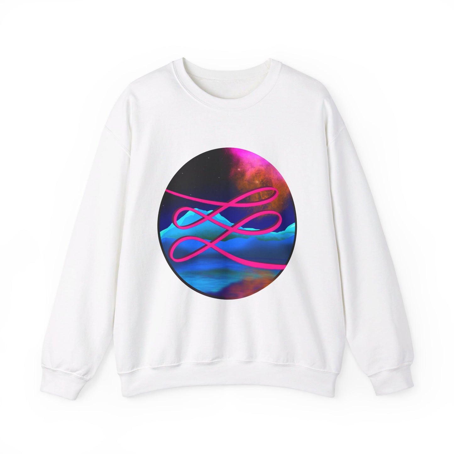 This is the White Swirl Heavy Blend Crewneck Sweatshirt by Lee Hansheng Studios. It comes in sizes S-3XL. This shows the front of the sweatshirt. The illustration is circular and covers the front of the shirt. The design is a hot pink swirl from left to right. The background has a mountain landscape that is reflected. The colors are pink, black, orange and blue. The wrists and waists are hemmed. It is against a white background.