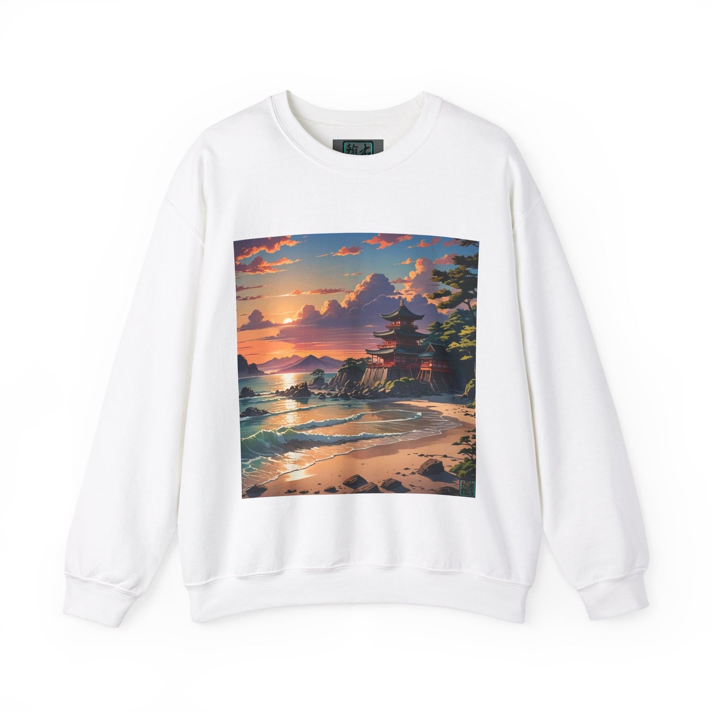 This is the White Temple of Peace Sweatshirt by Lee Hansheng Studios. It comes in sizes S-5XL. The image showcases the front of the shirt. The illustration shows a setting red/orange sun above clouds,two blue roof,brown/red walled temples on the right on top of the hills,mountains,blue/white waves into sand and a forest to the right.On the bottom right corner is the logo printed in black for the studio and outlined in blue. On the inside of the sweatshirt there is the studio logo.