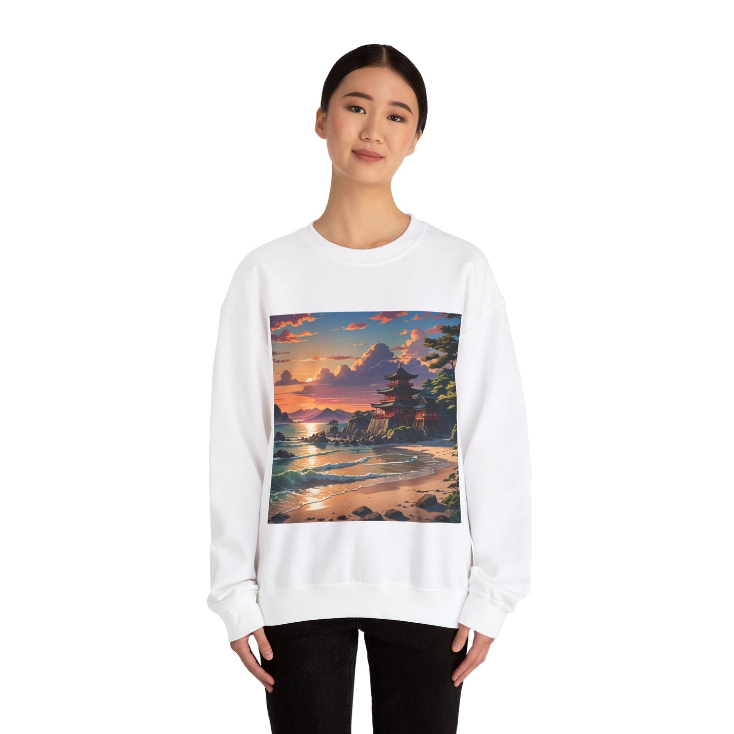 This is the White Temple of Peace Sweatshirt by Lee Hansheng Studios. It comes in sizes S-5XL. The illustration shows a setting red/orange sun above clouds,two blue roof,brown/red walled temples on the right on top of the hills,mountains,blue/white waves into sand and a forest to the right.On the bottom right corner is the logo printed in black for the studio and outlined in blue. A smiling lady, head tilted and is standing forward with the sweatshirt and black pants.