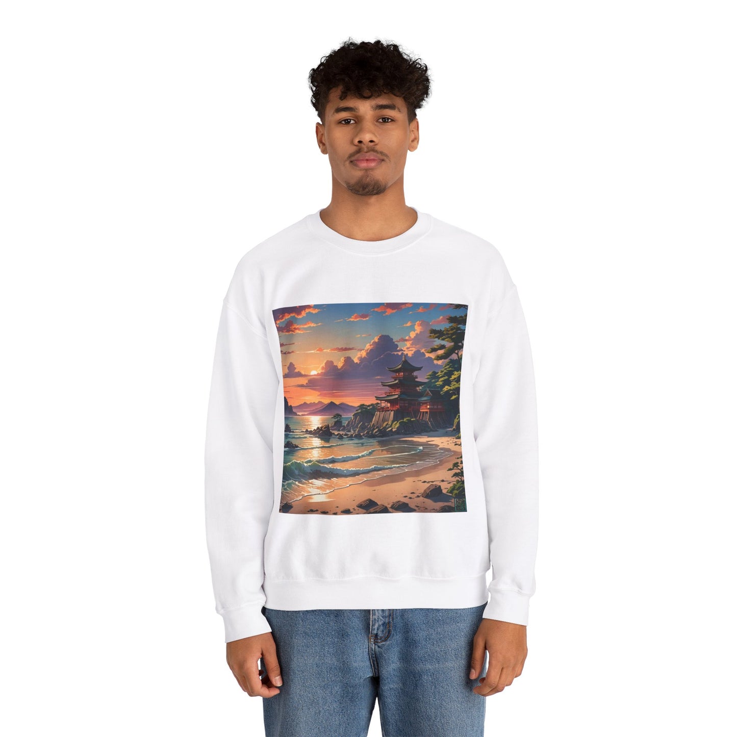 This is the White Temple of Peace Sweatshirt by Lee Hansheng Studios. It comes in sizes S-5XL. The illustration shows a setting red/orange sun above clouds,two blue roof,brown/red walled temples on the right on top of the hills,mountains,blue/white waves into sand and a forest to the right.On the bottom right corner is the logo printed in black for the studio and outlined in blue. A man standing to the front has the sweatshirt on and jeans. He is against a white background.