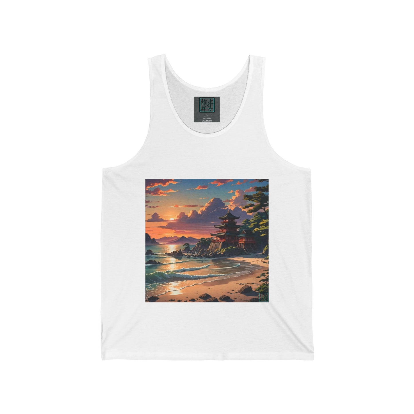 This is the White Temple of Peace Tank by Lee Hansheng Studios. It comes in sizes S-2XL.This showcases the front of the tank.The inside of the shirt there is the studio's logo on a gray backing and size label in white.The illustration shows a setting red/orange sun above clouds,two blue roof,brown/red walled temples on the right on top of the hills,mountains,blue/white waves into sand and a forest to the right.Bottom right corner is the logo printed in black for the studio and outlined in blue.