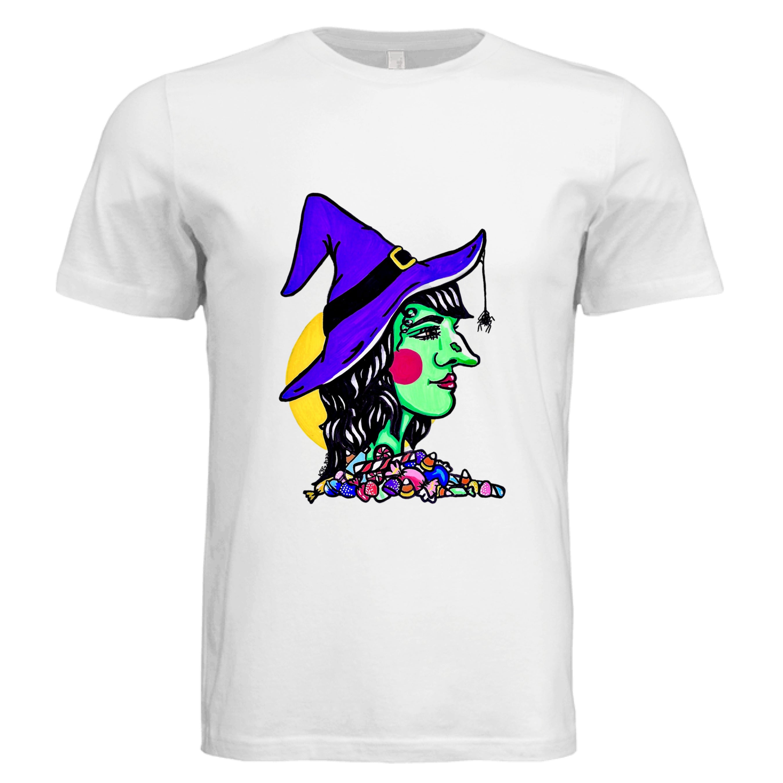 The Art Collective International witch-themed cotton T-shirt with relaxed fit, black color, crew neckline, short sleeves