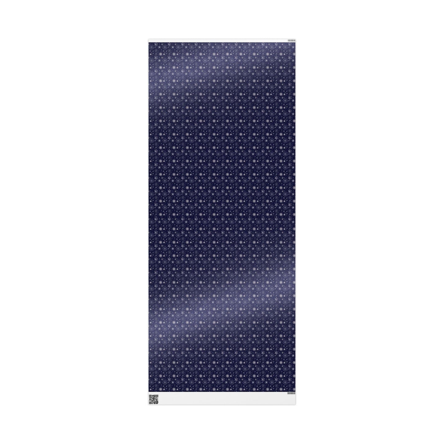 This is the glossy 30" x 72" Winter Blizzard Gift Wrap. The image is the wrapping paper laid flat from top to bottom. The background is white. The design are different types of snowflakes with different sizes of circles within each flake. The wrapping paper is dark blue and the snowflakes and design are all white.