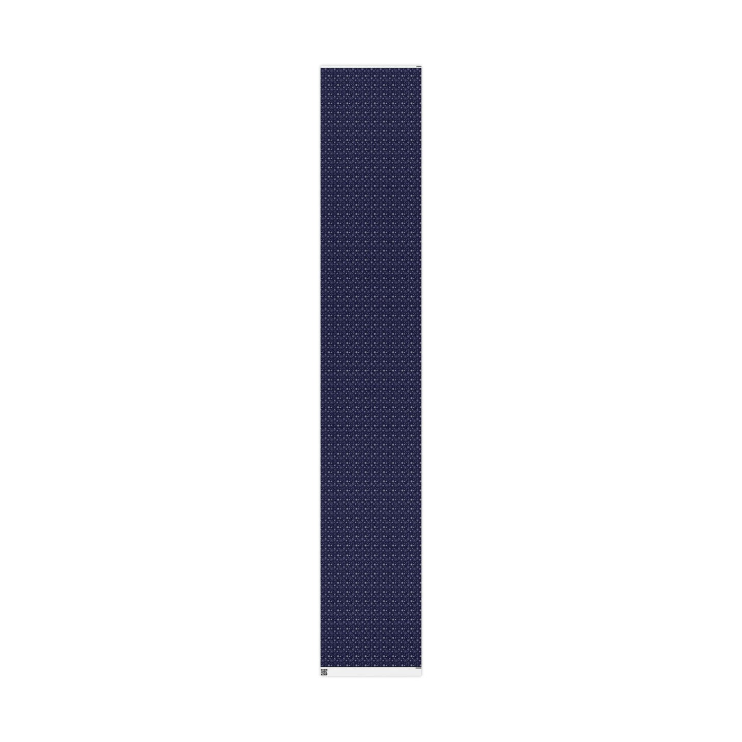 This is the matte 30" x 180" Winter Blizzard Gift Wrap. The image is the wrapping paper laid flat from top to bottom. The background is white. The design are different types of snowflakes with different sizes of circles within each flake. The wrapping paper is dark blue and the snowflakes and design are all white.