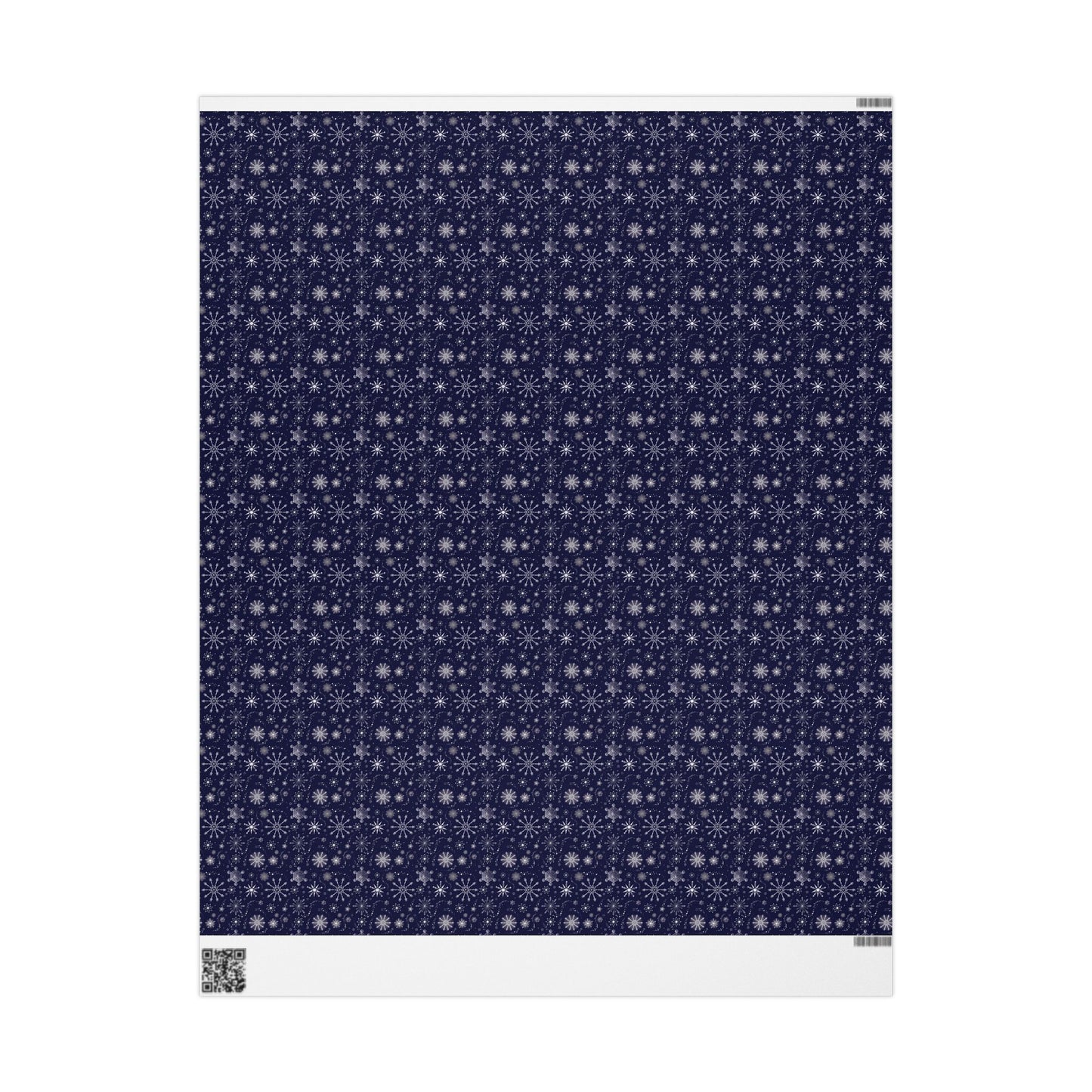 This is the matte 30" x 36" Winter Blizzard Gift Wrap. The image is the wrapping paper laid flat from top to bottom. The background is white. The design are different types of snowflakes with different sizes of circles within each flake. The wrapping paper is dark blue and the snowflakes and design are all white.