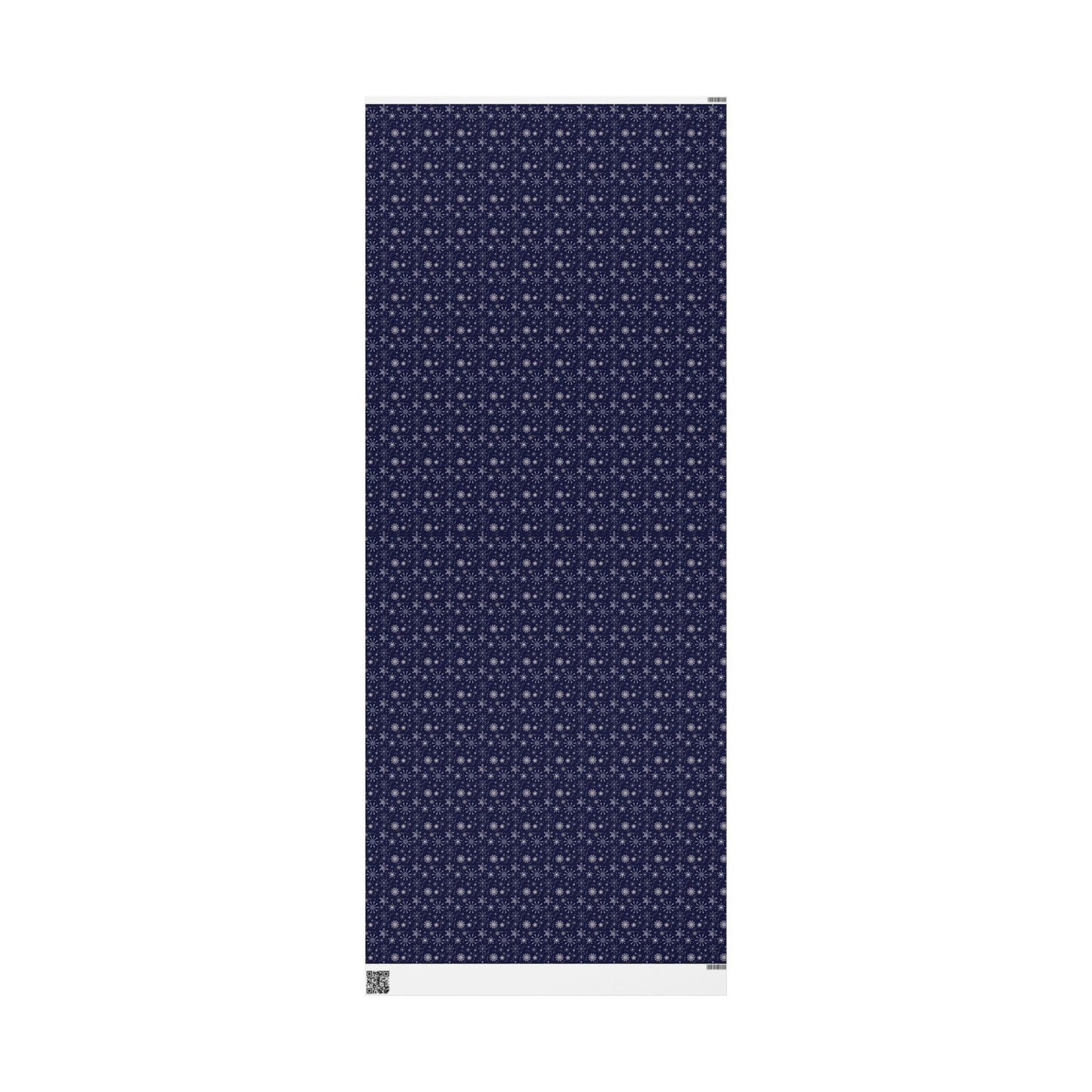 This is the matte 30" x 72" Winter Blizzard Gift Wrap. The image is the wrapping paper laid flat from top to bottom. The background is white. The design are different types of snowflakes with different sizes of circles within each flake. The wrapping paper is dark blue and the snowflakes and design are all white.