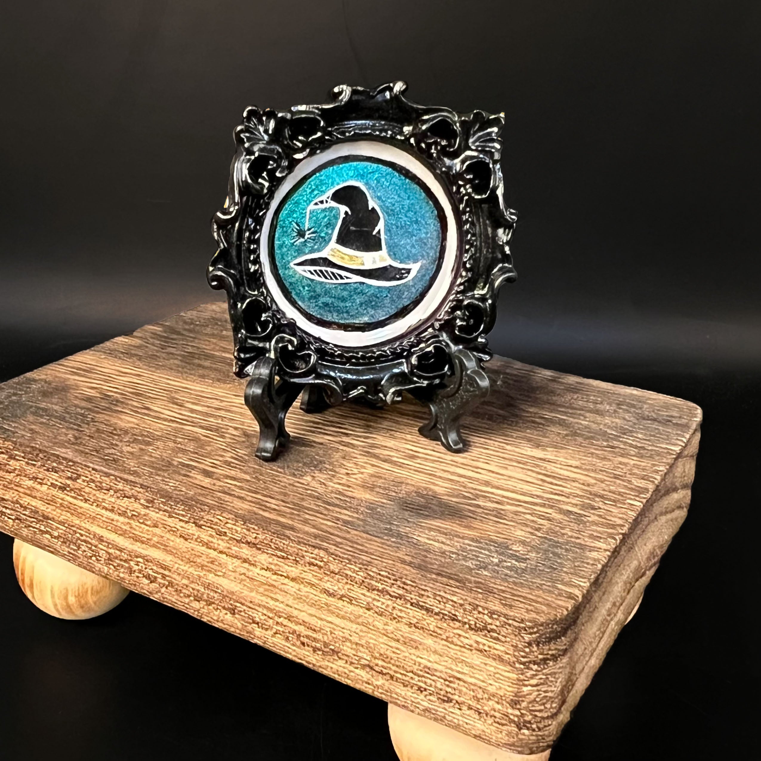 CFD Witch Hat miniature, hand-painted resin sculpture by Chris Foster, 3x2 inches, vibrant colors, collectible art piece by