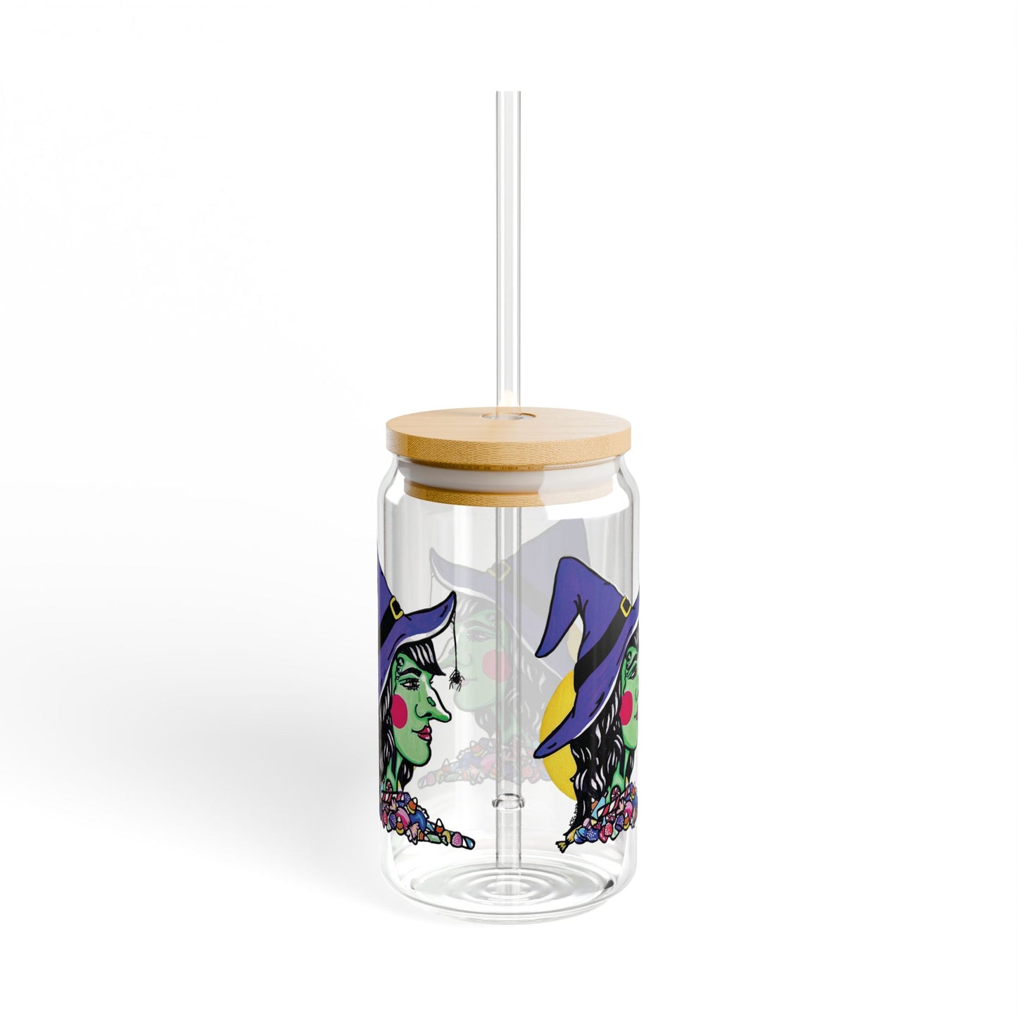 This is the 16oz Witch Sipper Glass with light colored bamboo lid and with straw to the back. It is a side profile image of a witch printed all around. She is facing the left side,has a purple witch hat with a black belt,yellow buckle, a spider crawling down the front,red rosy cheeks,red lips and assorted candy under the illustration by the neck. Behind her is a bright yellow circle past her hair.The colors of the candy are red, white, orange, blue and purple.It is against a white background.