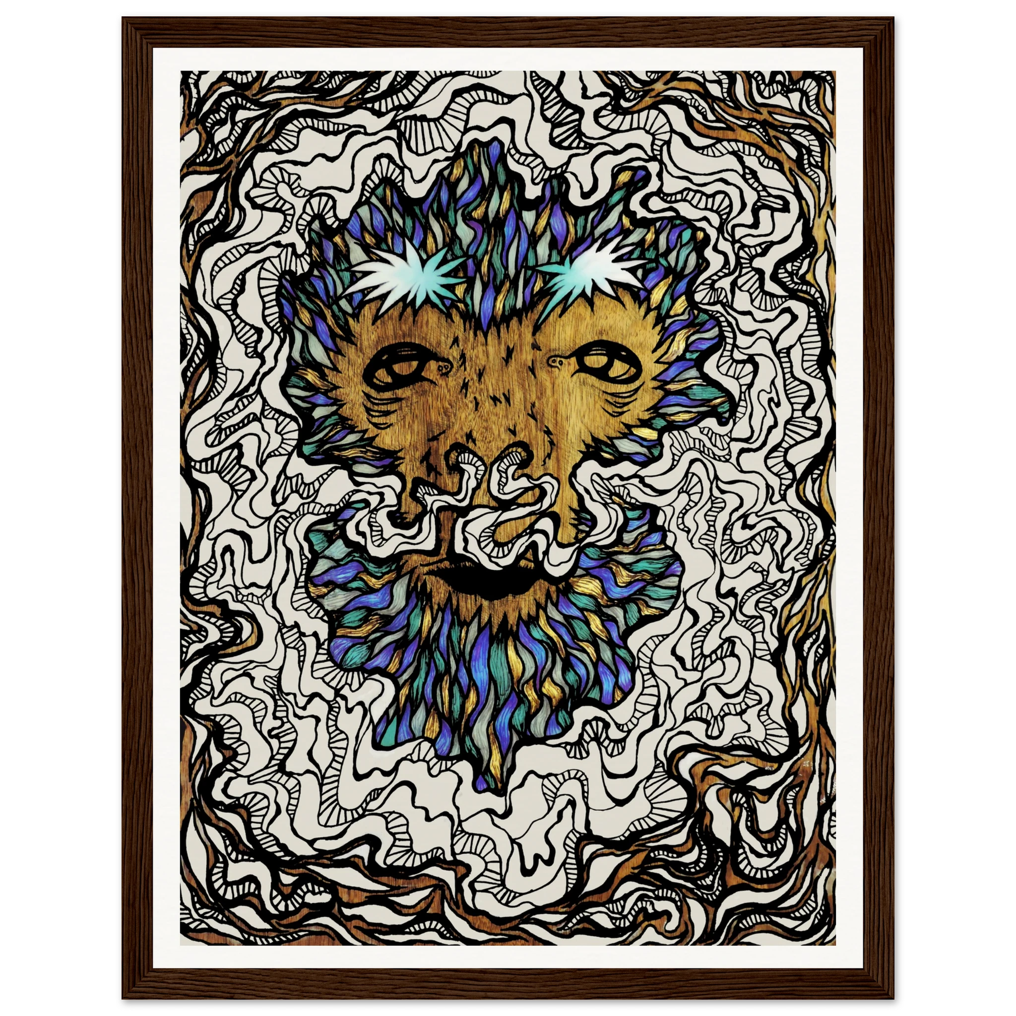 Close-up of the weathered wooden frame corner highlighting natural grain and handcrafted texture of the Winter Beast poster.