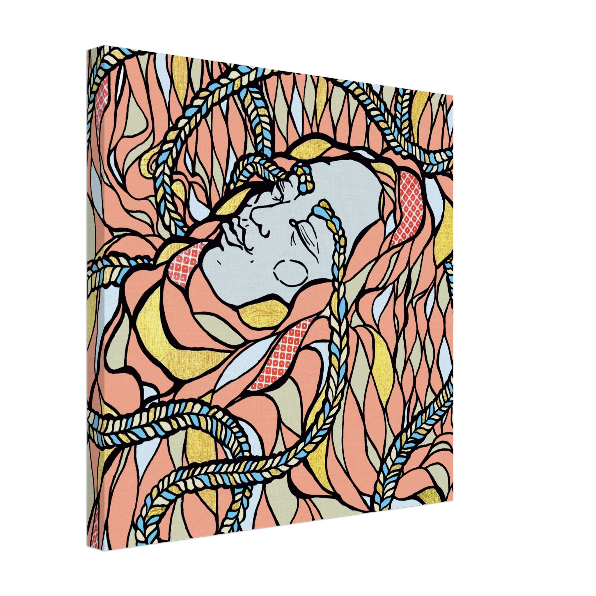 Close-up of the canvas print’s textured brushstrokes capturing the delicate folds of the swaddled woman’s fabric in soft