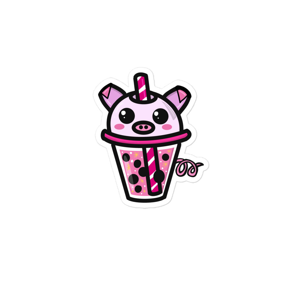 Piggy Boba sticker featuring a pink pig holding a teal bubble tea with shiny glaze finish, 3-inch die-cut vinyl from The Art