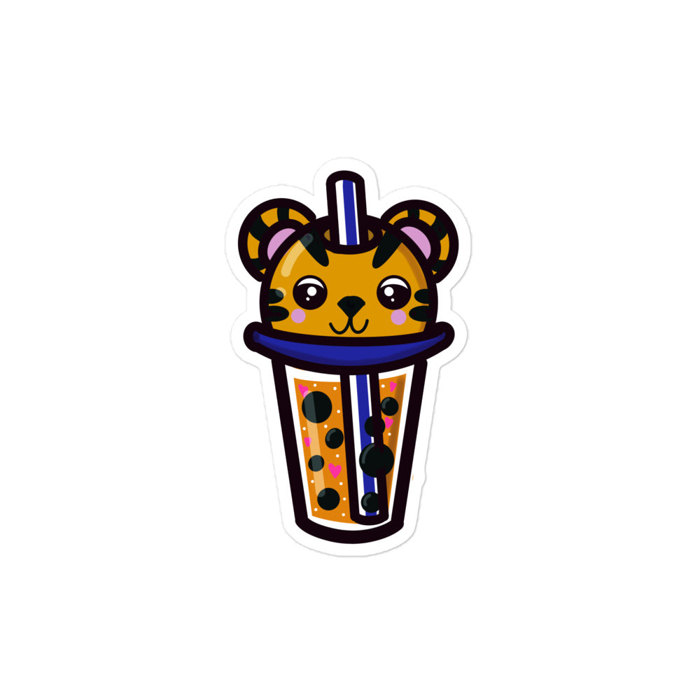 Close-up of the colorful Thai Tea Tiger Boba sticker’s textured details and vibrant illustration on a plain background
