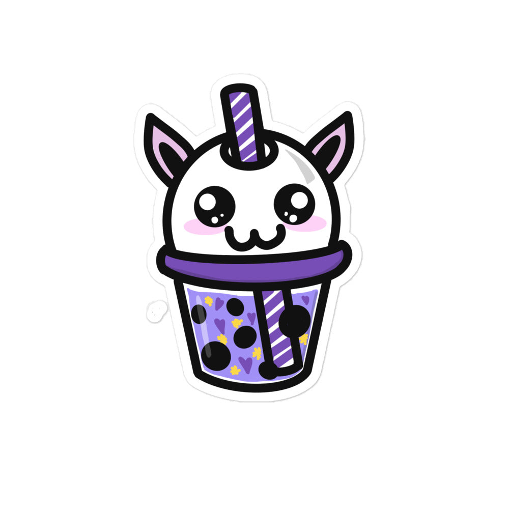 Close-up of the Cryptid Boba sticker's vibrant purple and black ink detailing, showcasing its textured matte finish and