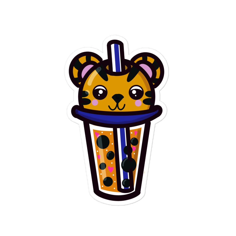 Close-up of the Thai Tea Tiger Boba sticker displaying vibrant colors and detailed tiger illustration from a top-down angle
