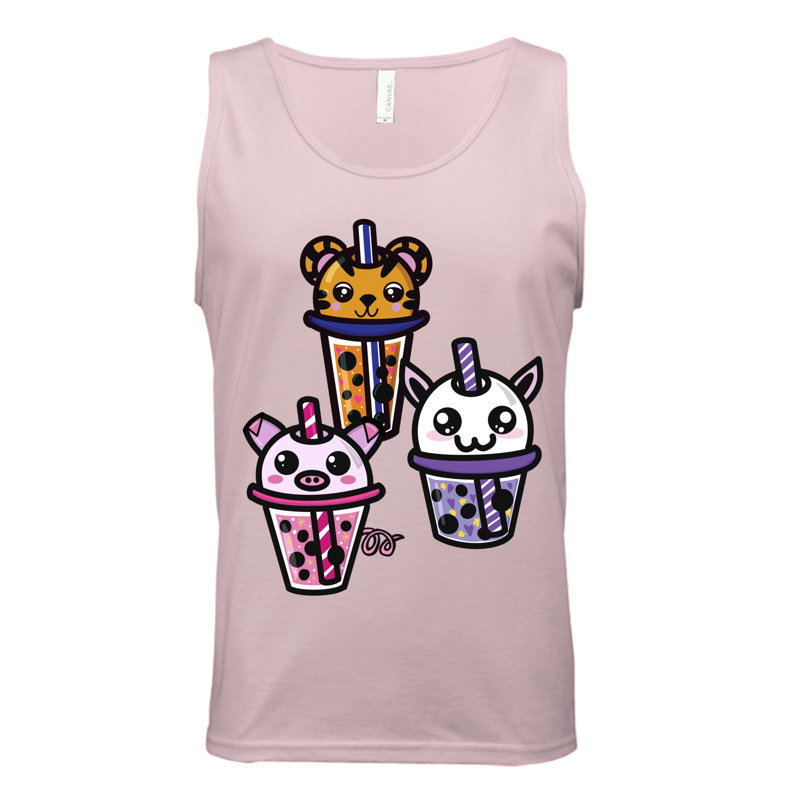 Close-up of the Boba Friends Tank collar featuring double-stitched neckline and soft cotton blend fabric in pastel pink with