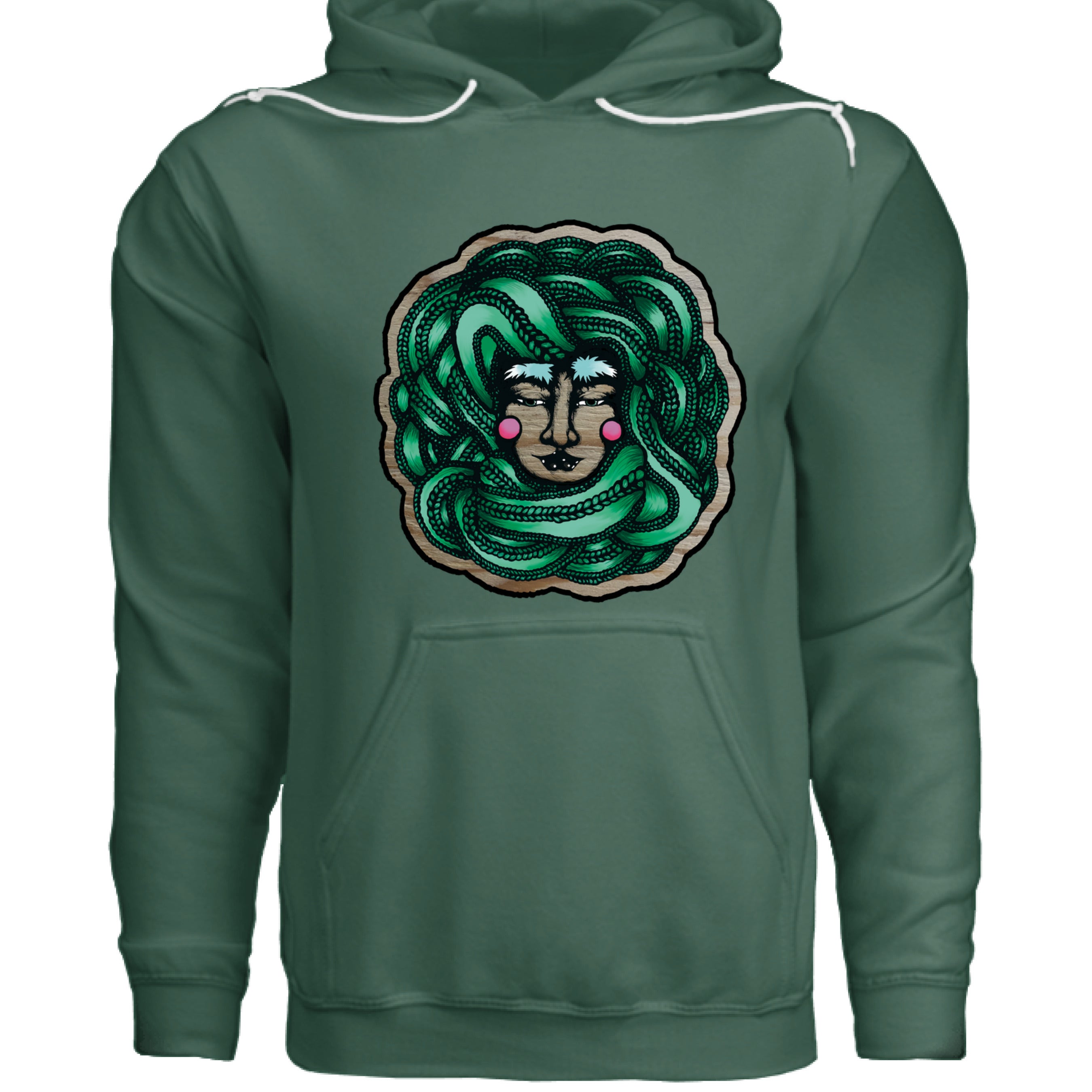 Close-up of the textured, snow-white fabric with subtle ribbing detail on the chest embroidery of the Winter Goddess Hoodie.