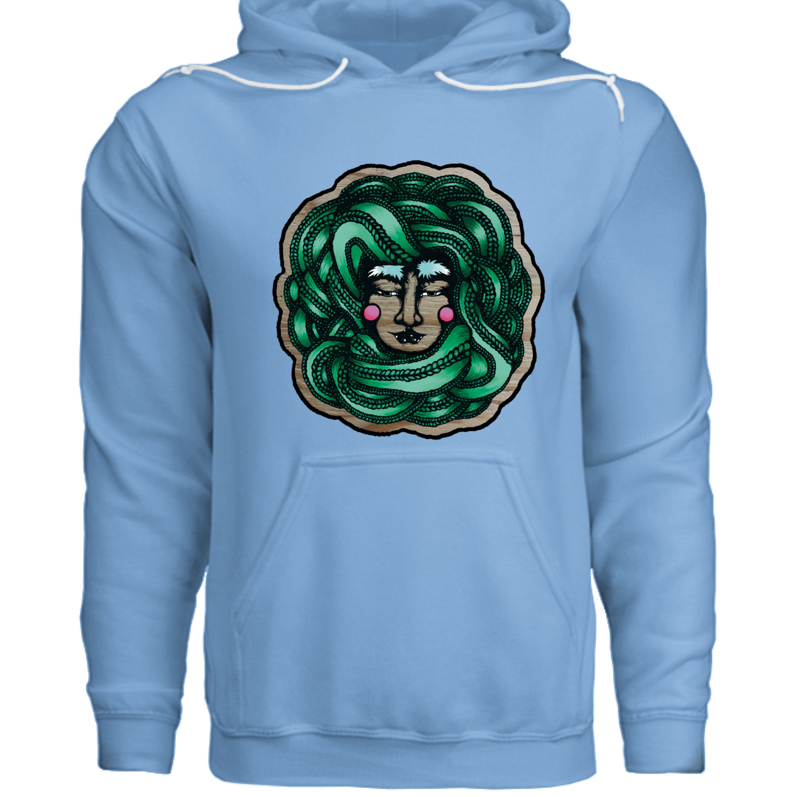 Close-up of the forest-green fleece interior lining and stitched label on the front lower hem of the Winter Goddess Hoodie.