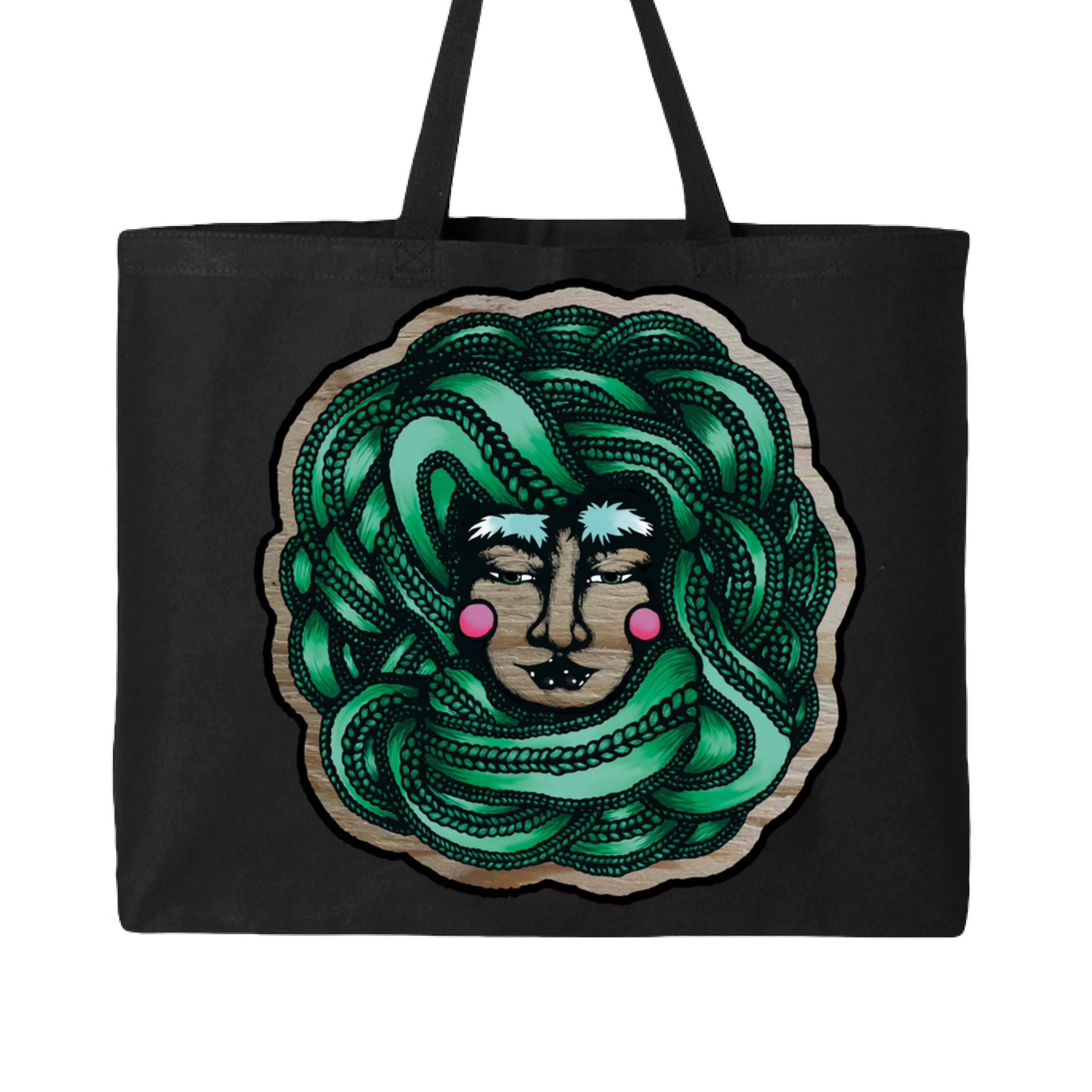 Close-up of the Winter Goddess Jumbo Tote's woven textured fabric in deep forest green with reinforced leather handles and