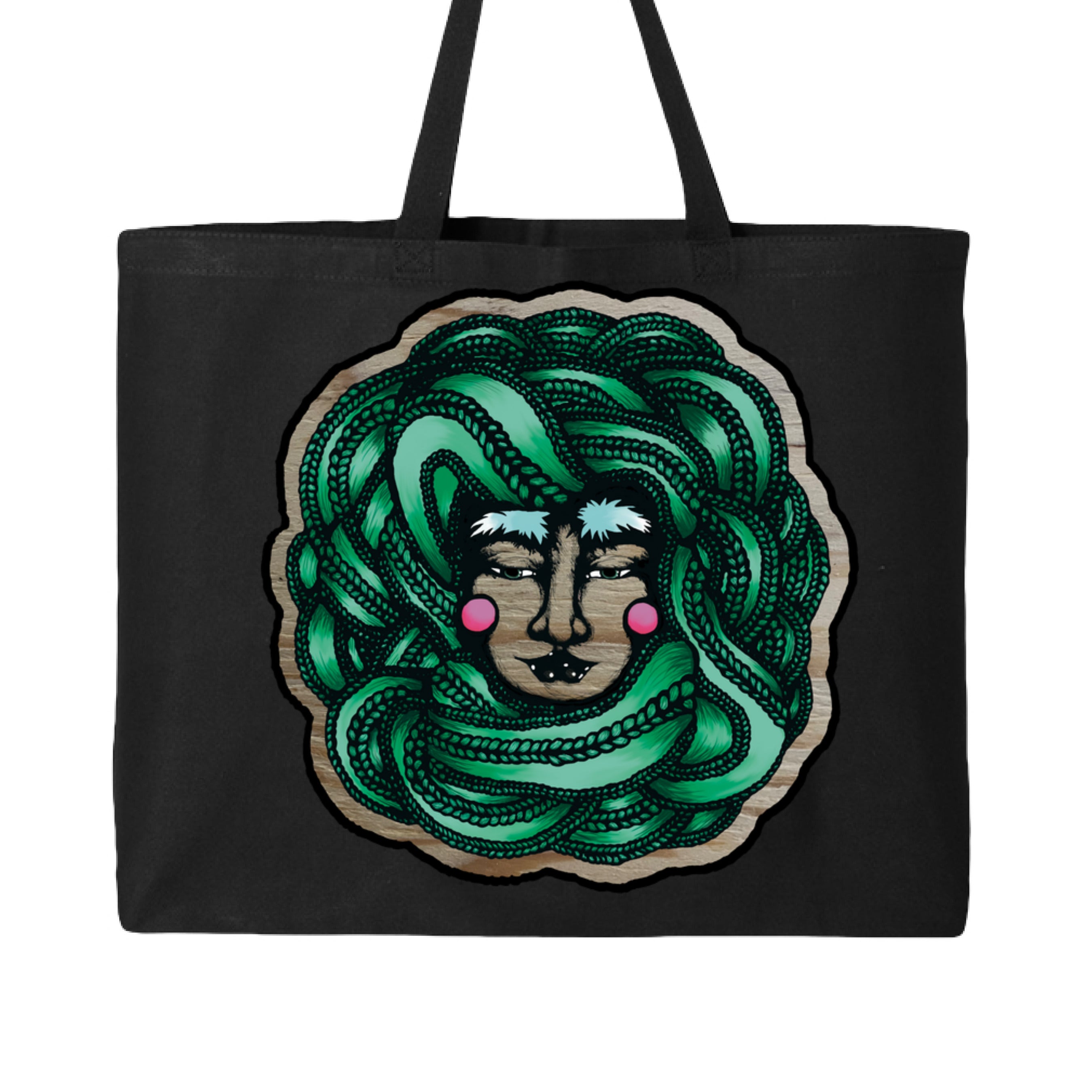 Close-up of the textured brown leather handles and intricate gold foil embossed "Winter Goddess" logo on the tote's front