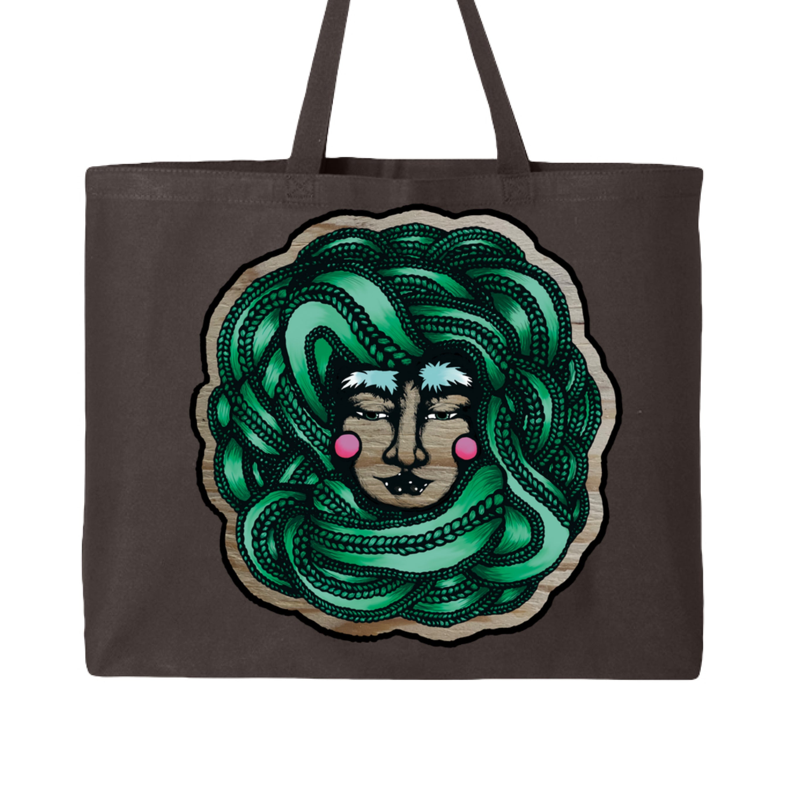 Close-up of the Winter Goddess Jumbo Tote’s textured faux leather handle with silver-toned metal rivets and decorative