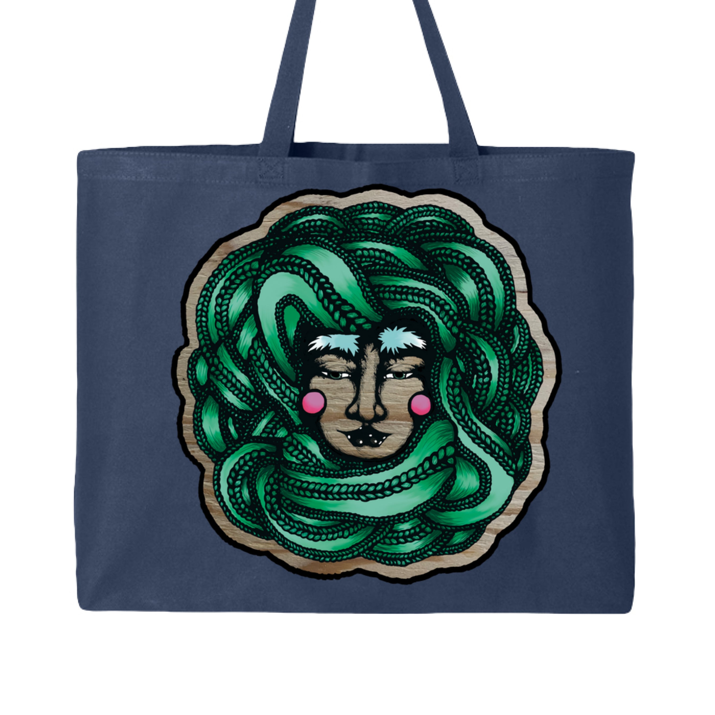 Close-up of the vibrant purple fabric handles and textured logo embroidery on the front of the Winter Goddess Jumbo Tote.