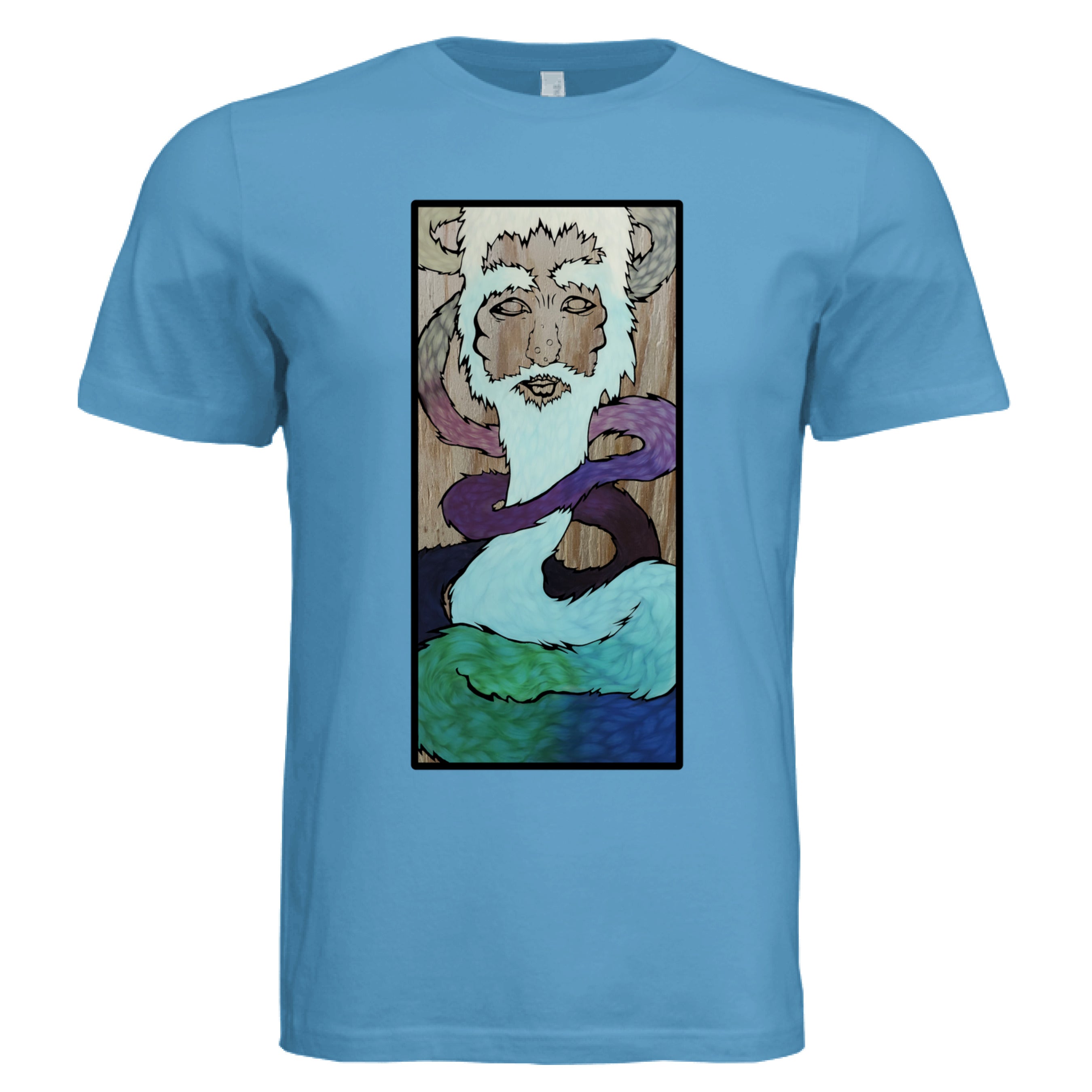 Close-up of the Ice King T-Shirt's curved neckline and soft cotton fabric texture in vibrant ice blue color.