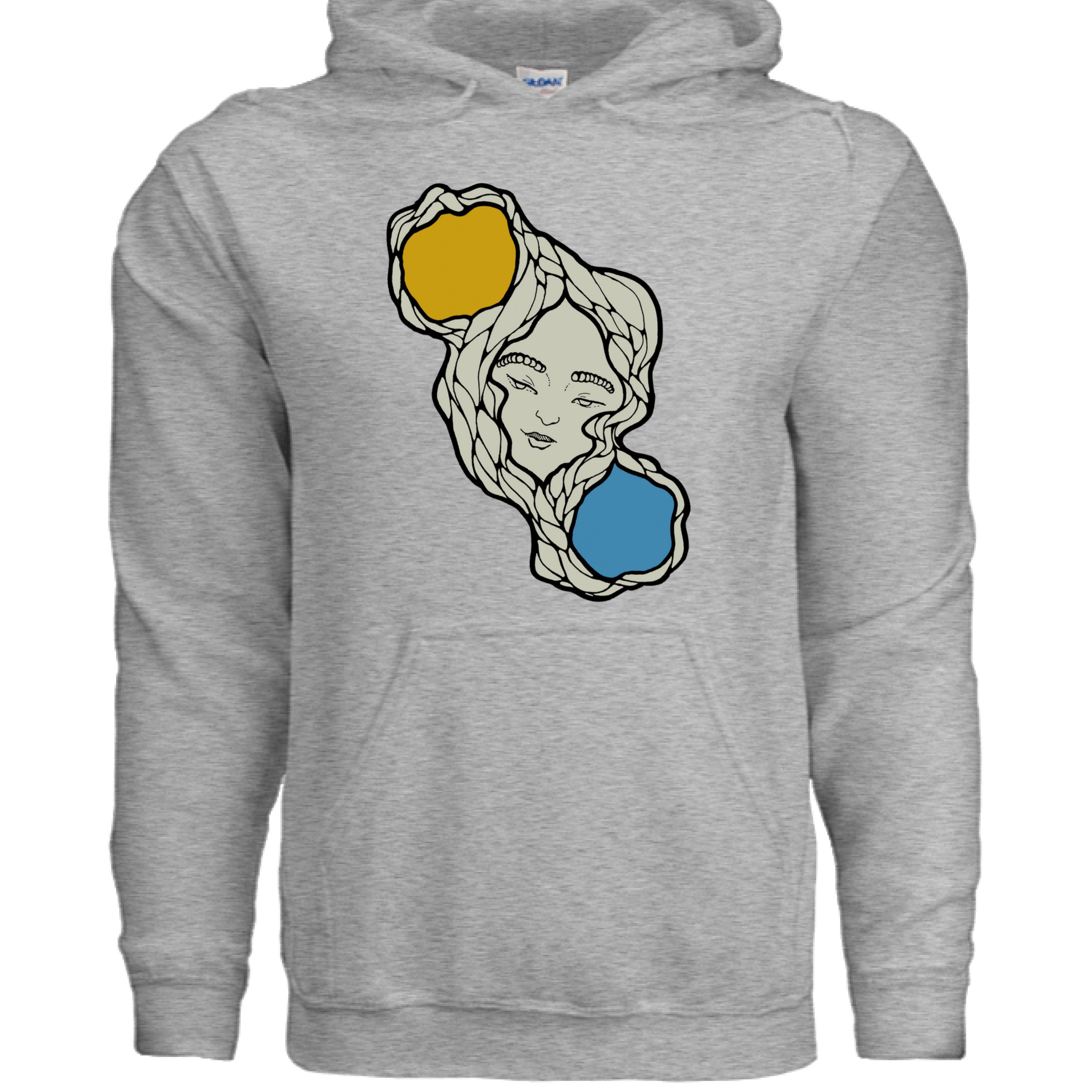 Close-up of the embroidered sun and moon logo on the chest pocket of the navy blue hoodie with textured cotton fabric.