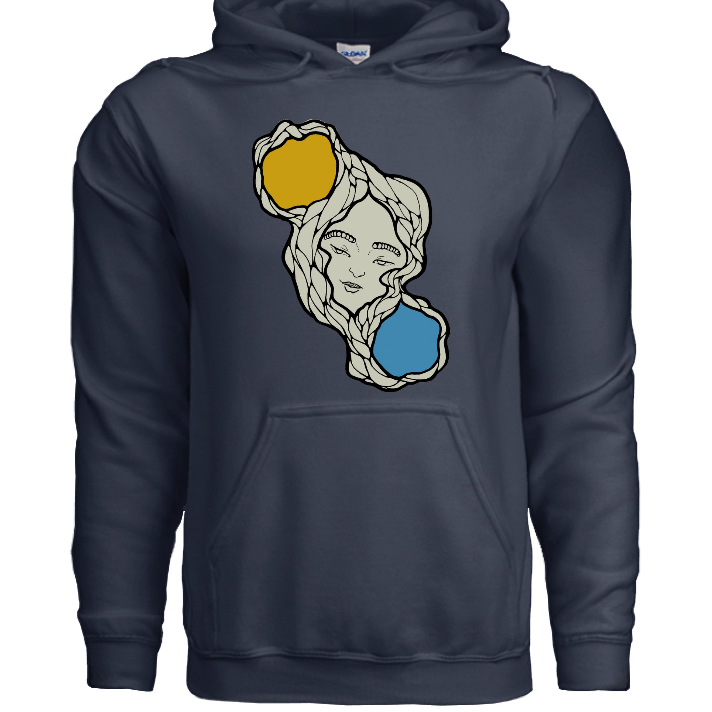 Sun & Moon design hoodie by The Art Collective International, organic cotton fabric in navy blue with ribbed cuffs and front