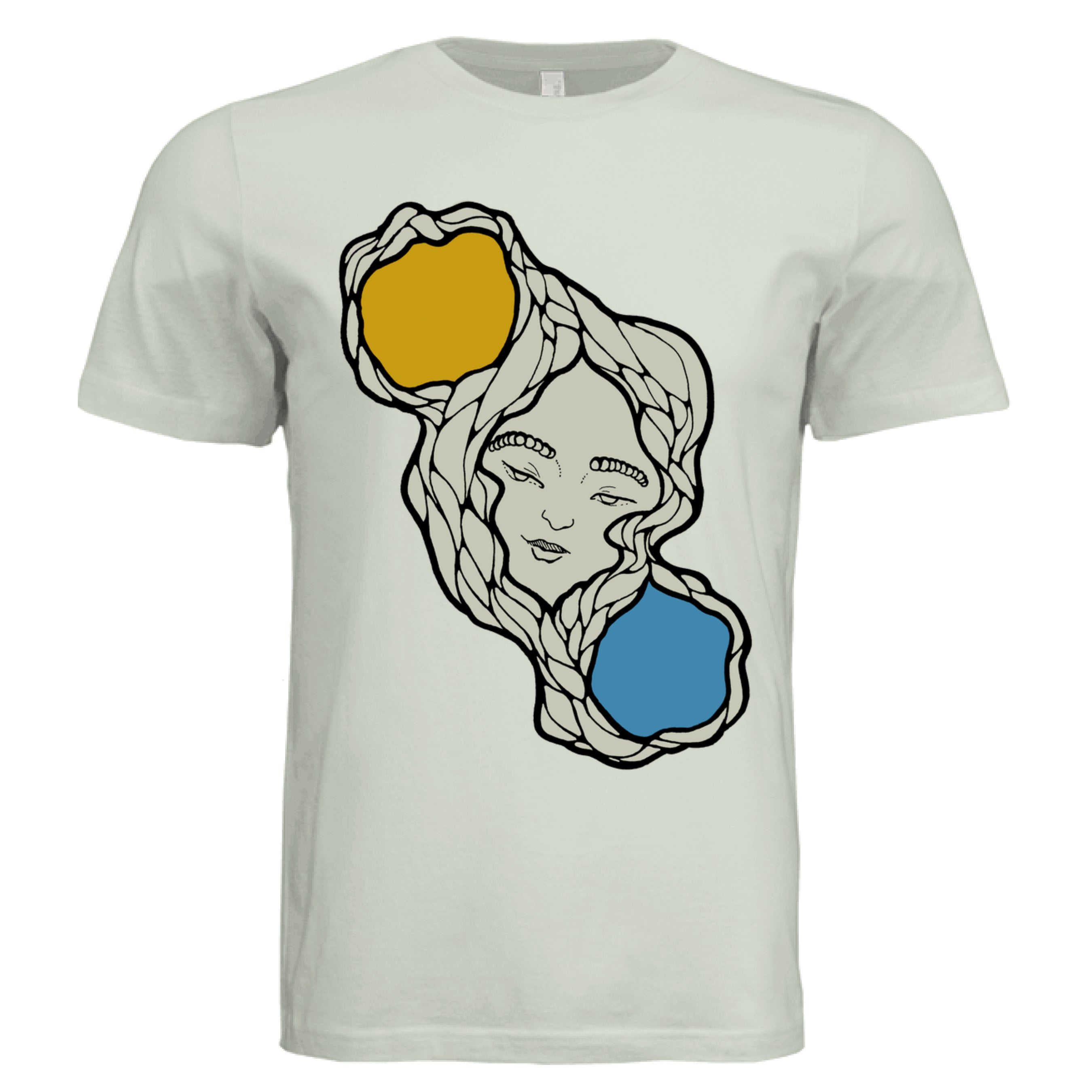 Close-up of the Sun & Moon T-Shirt's crew neckline and contrasting dark fabric detail from a front-facing angle.