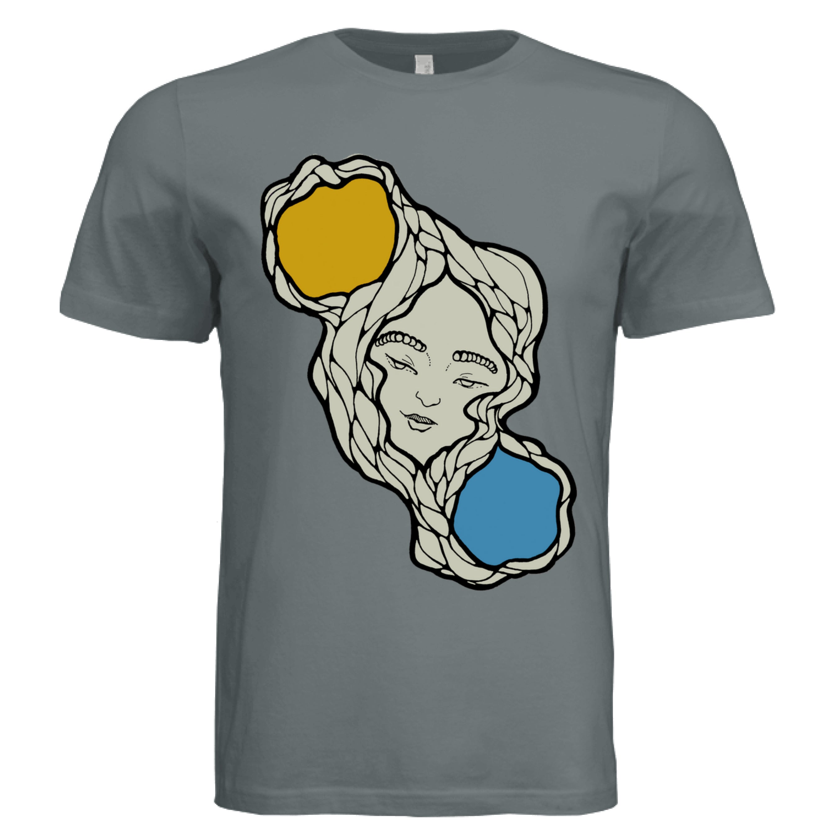 Close-up of the sun and moon graphic detail on the relaxed fit, heather gray cotton T-shirt’s neckline from a slightly